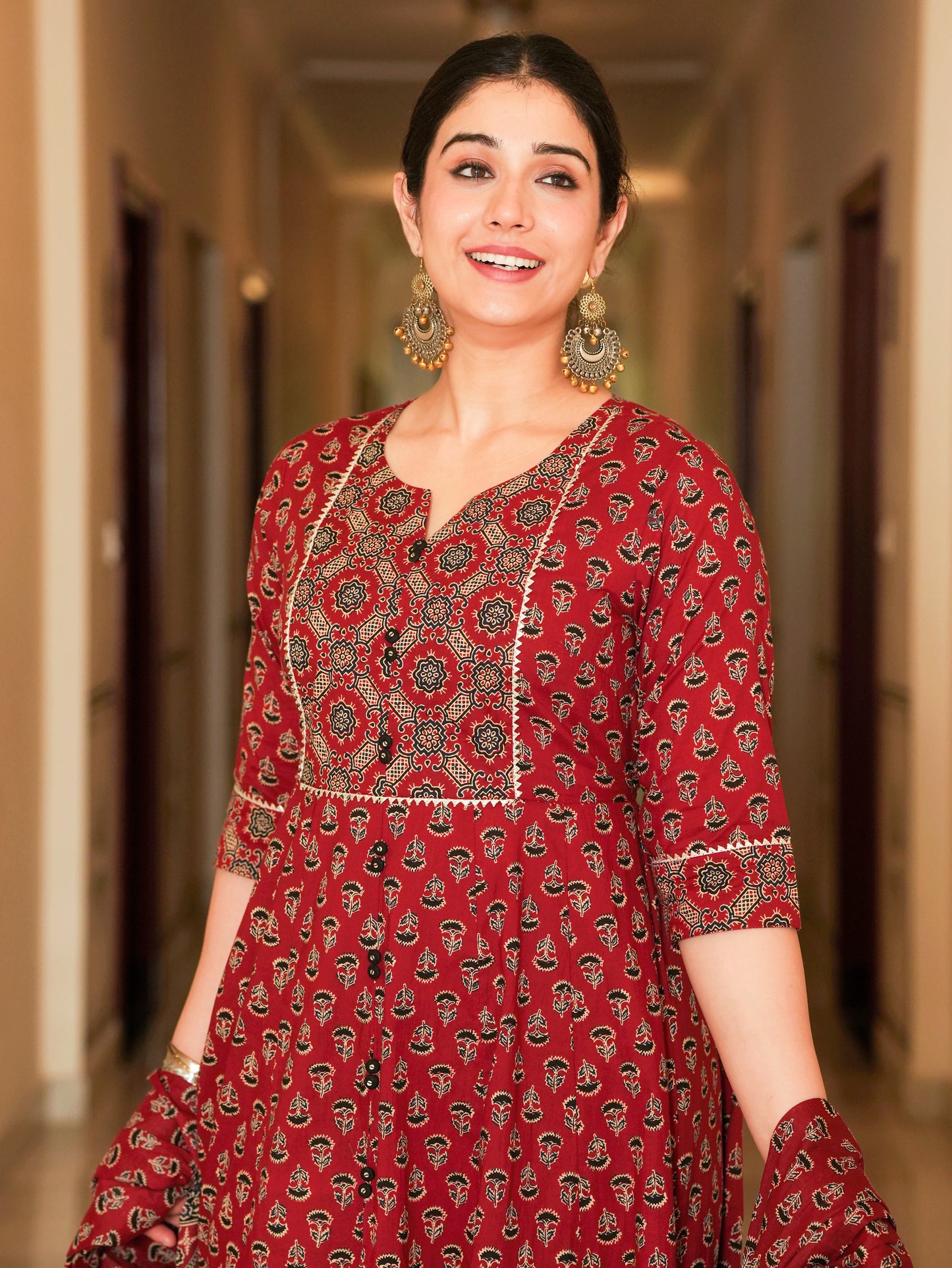 Soft Cotton Ajrakh Flared Red Kurta