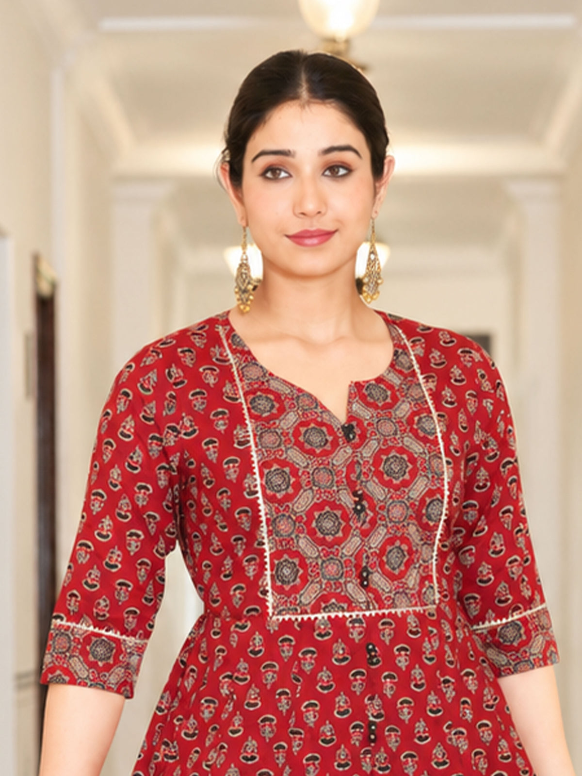Soft Cotton Ajrakh Flared Red Kurta