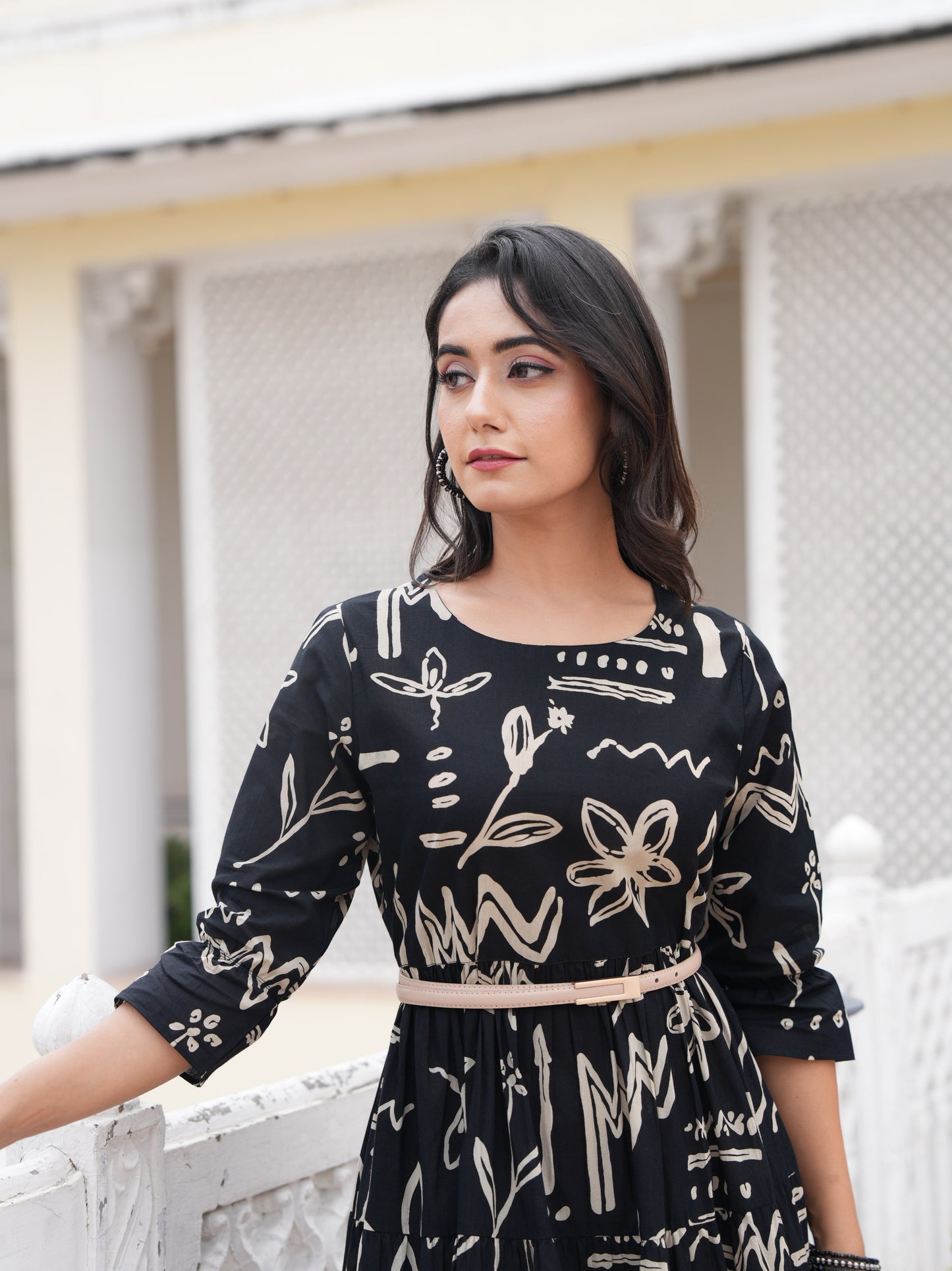 Soft Cotton Abstract Tiered Black Dress