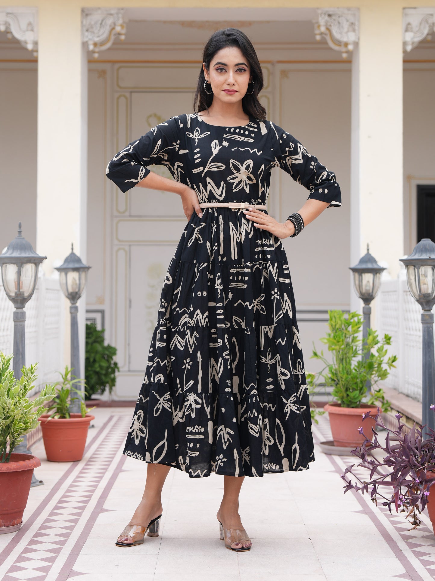 Soft Cotton Abstract Tiered Black Dress