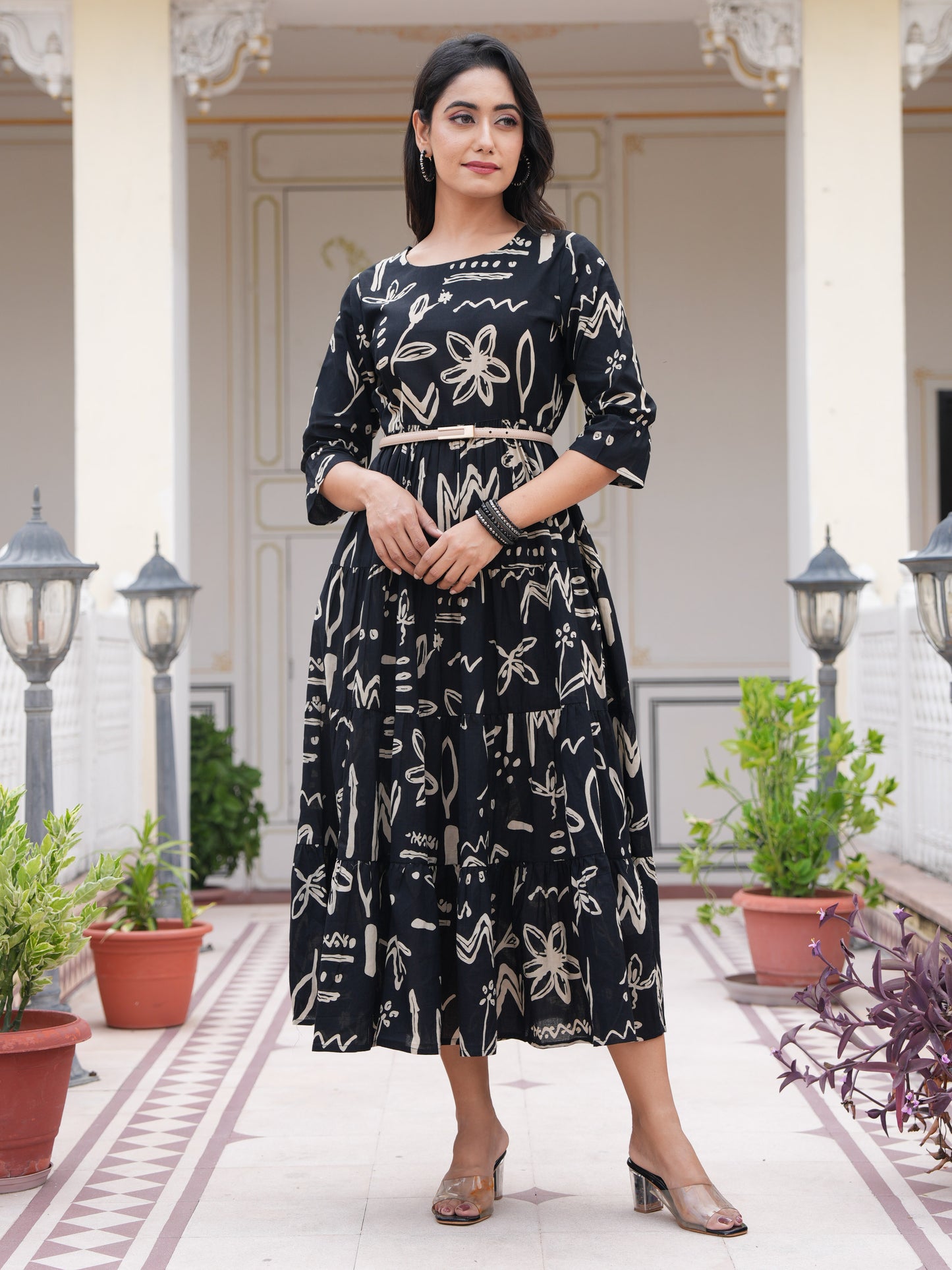 Soft Cotton Abstract Tiered Black Dress