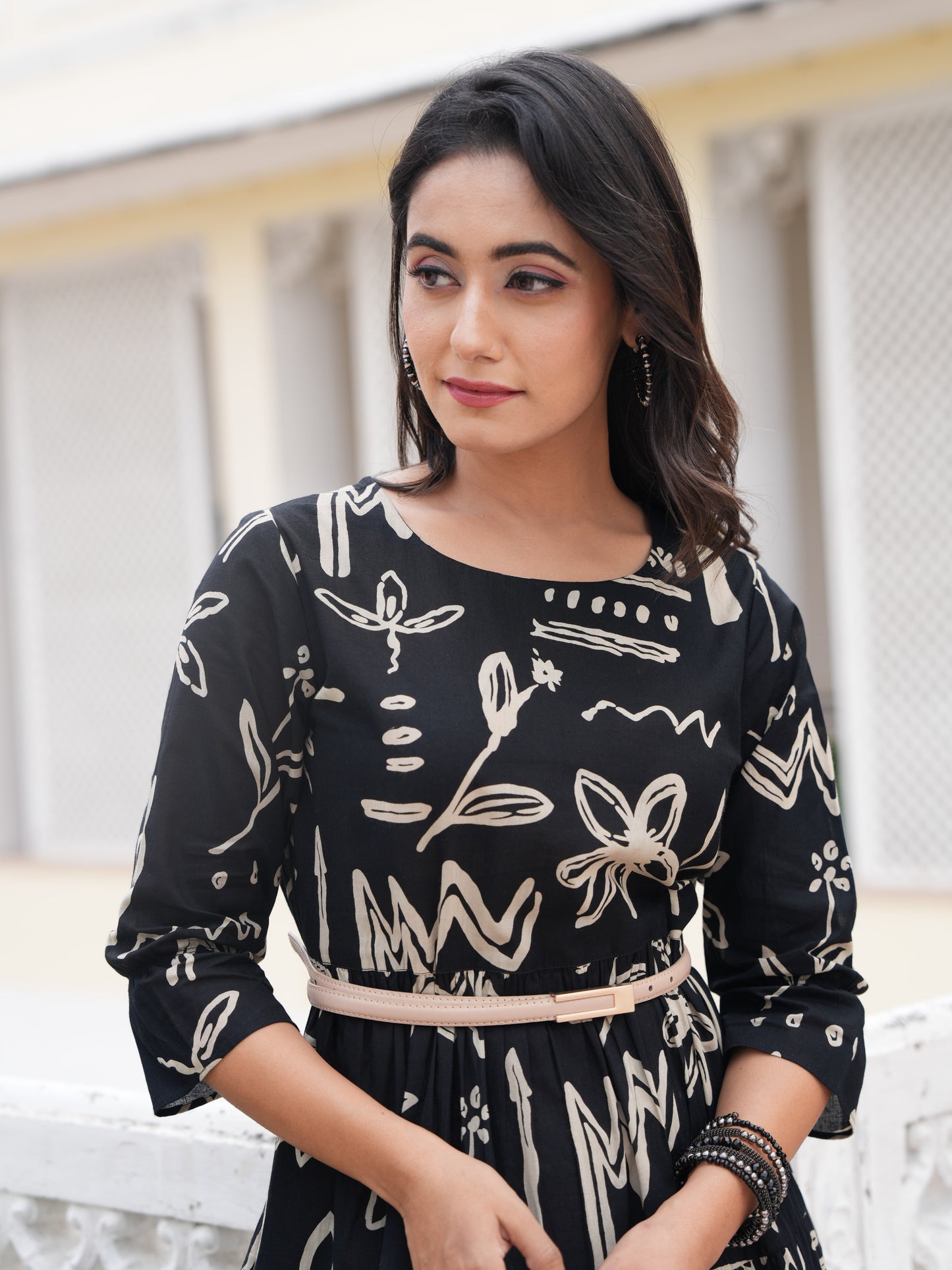 Soft Cotton Abstract Tiered Black Dress