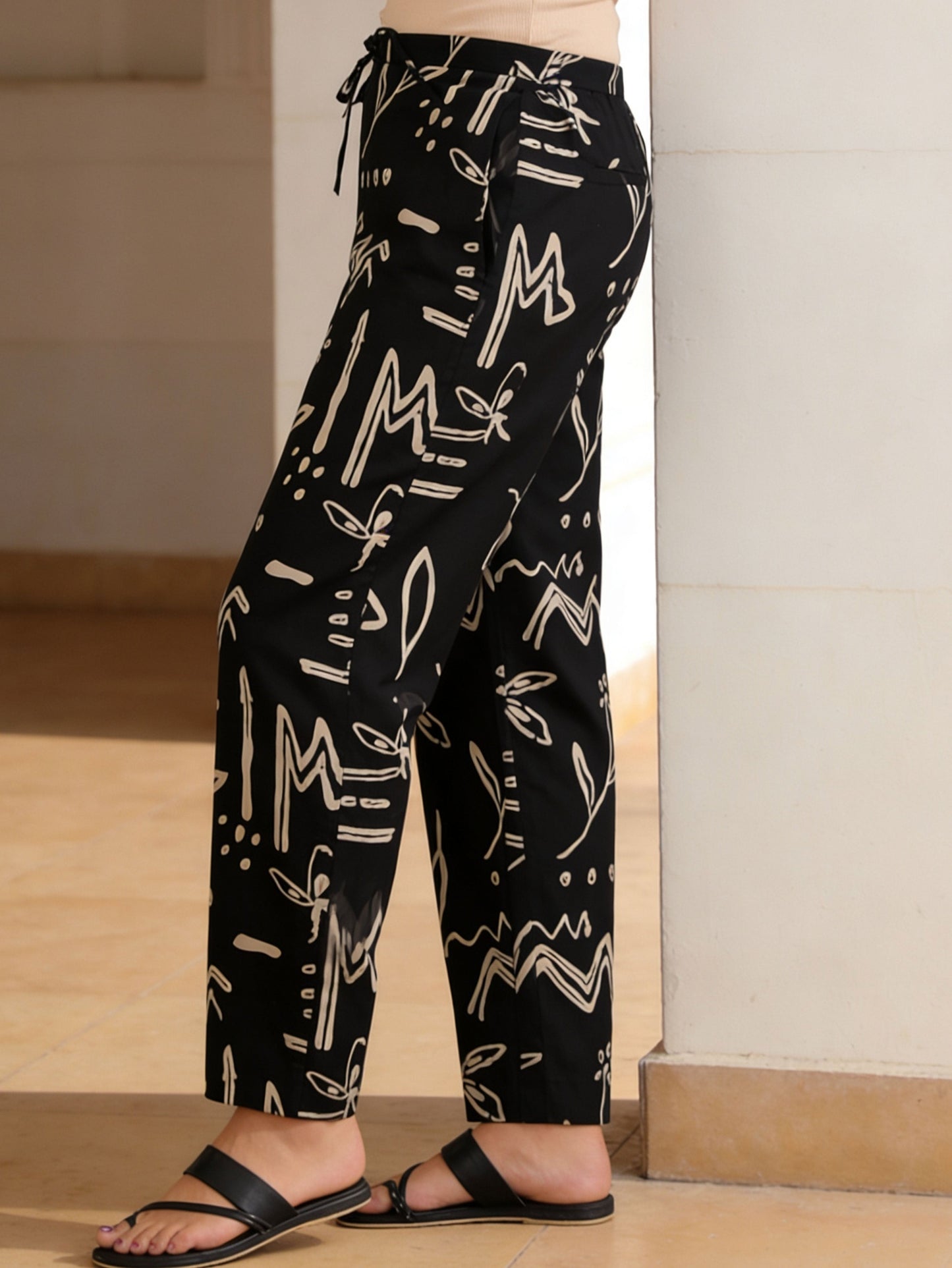 Soft Cotton Abstract Black Trousers  Tapered Trousers