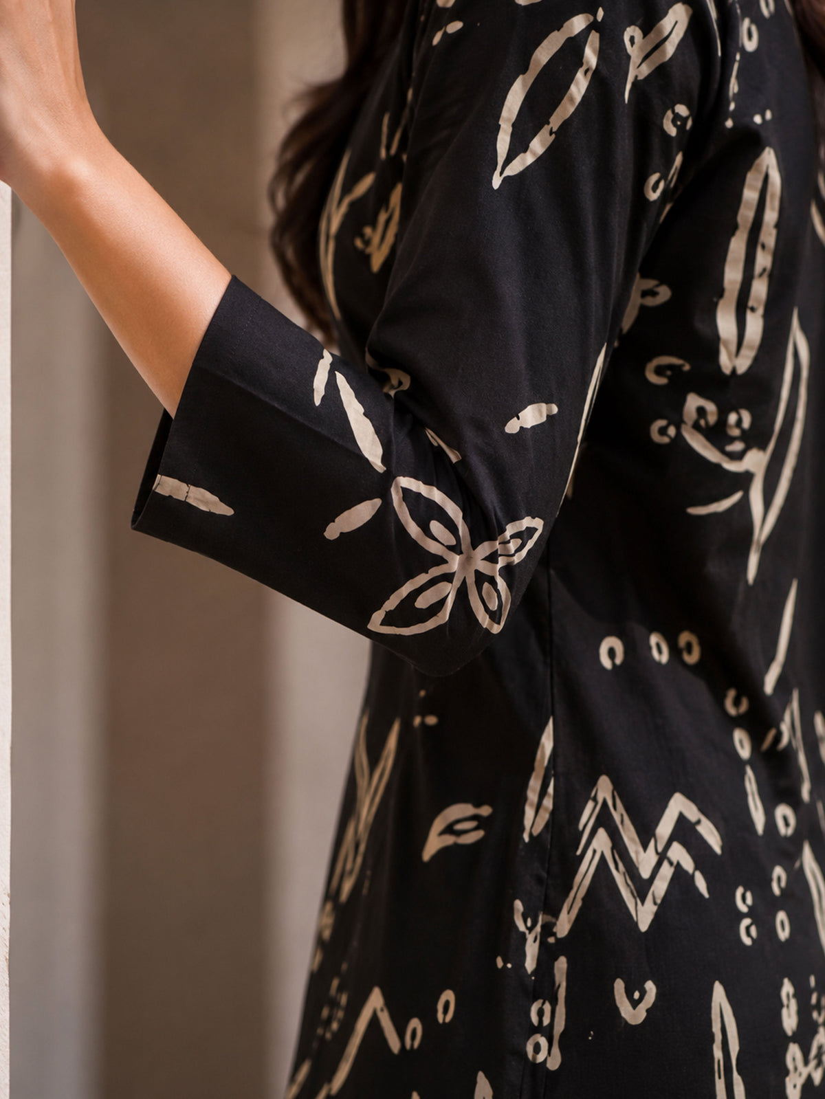 Soft Cotton Abstract High Low Black Kurta