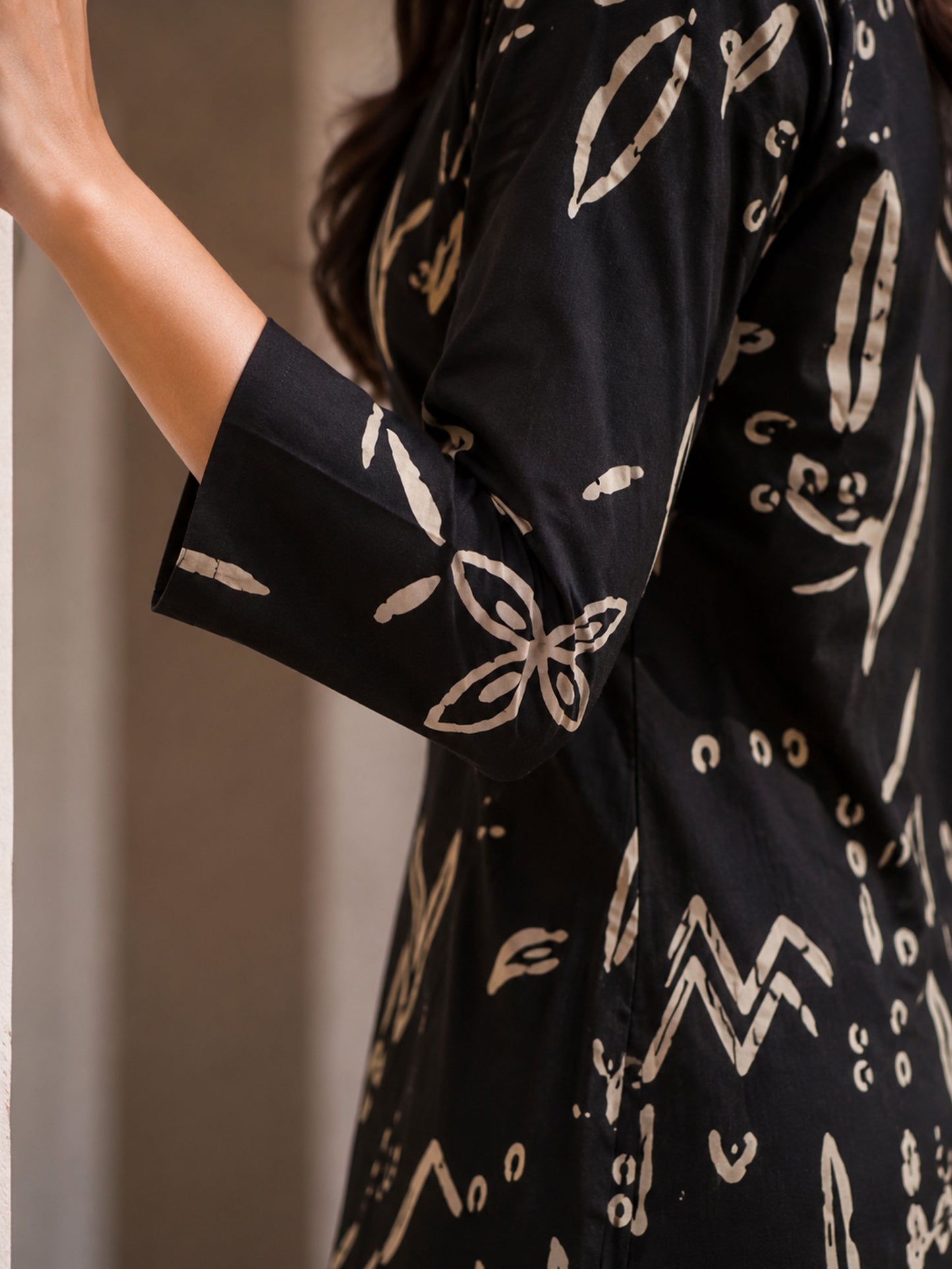 Soft Cotton Abstract High Low Black Kurta