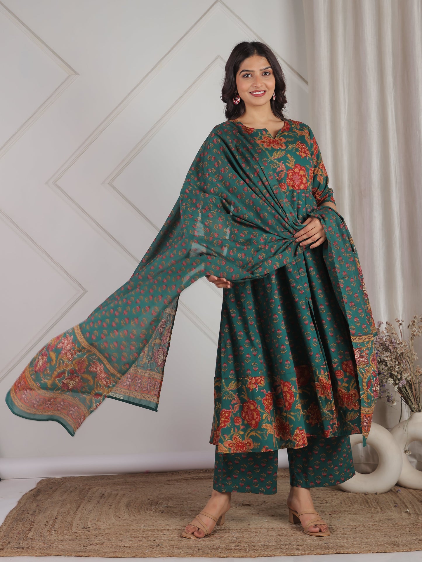Cotton Voile Floral Green Dupatta