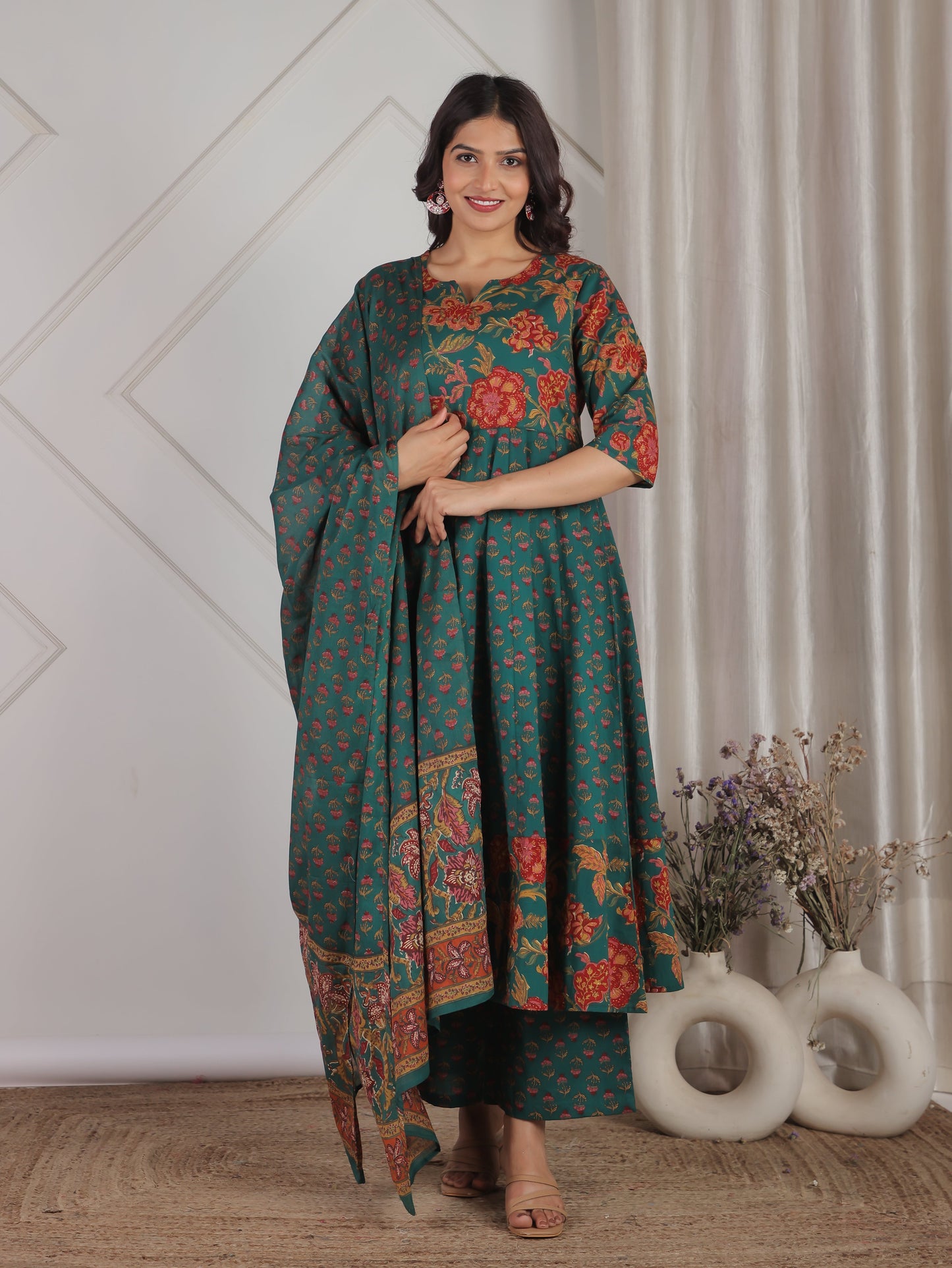 Soft Cotton Floral Anarkali Green Kurta