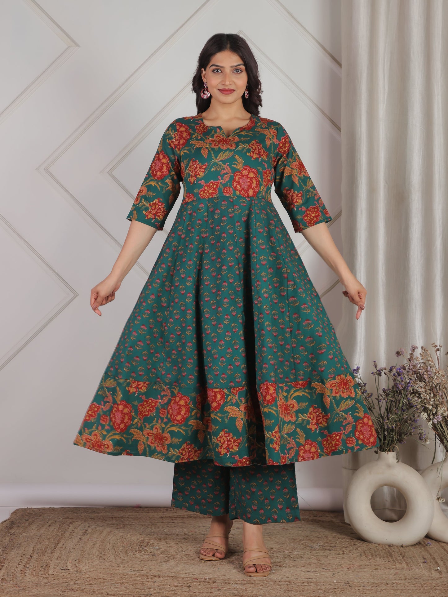 Soft Cotton Floral Anarkali Green Kurta