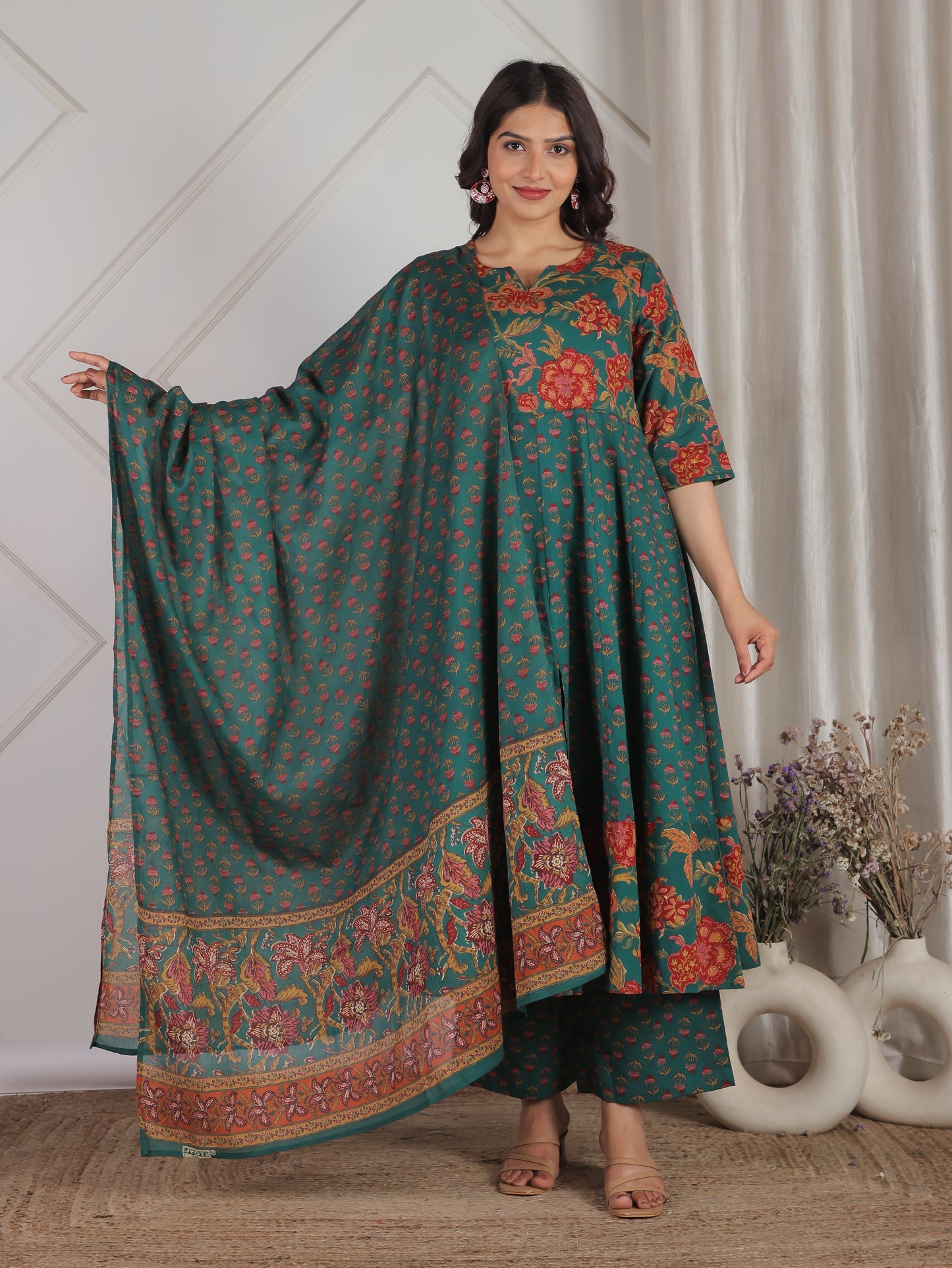 Soft Cotton Floral Anarkali Green Kurta
