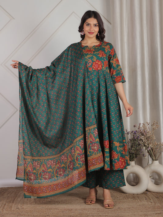 Soft Cotton Floral Anarkali Green Kurta