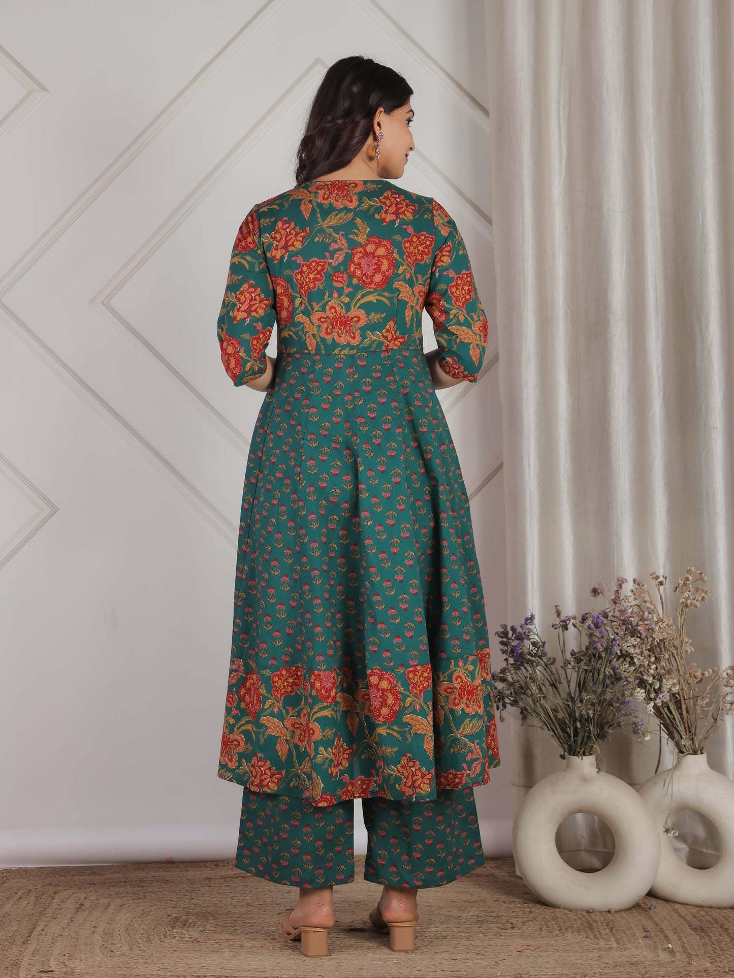 Soft Cotton Floral Anarkali Green Kurta