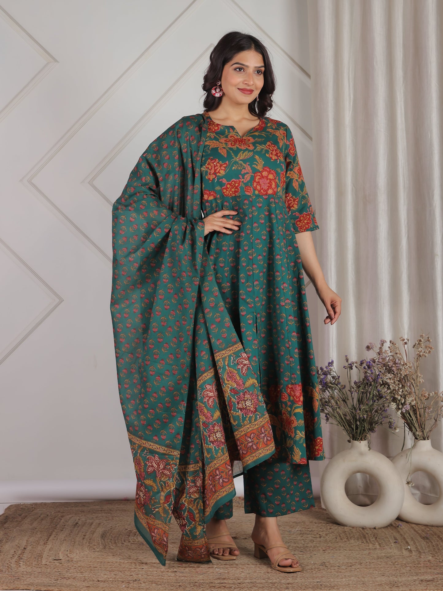 Soft Cotton Floral Anarkali Green Kurta