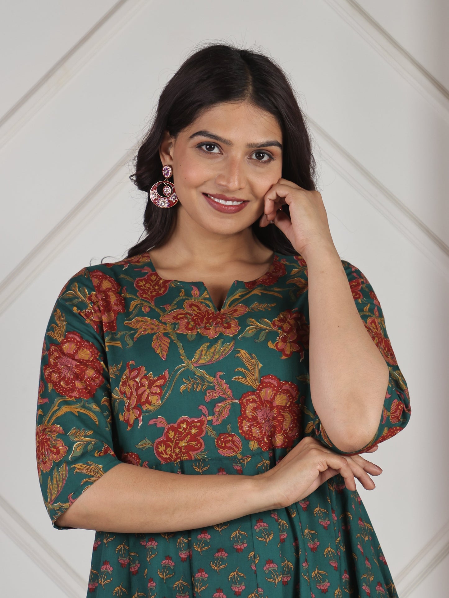 Soft Cotton Floral Anarkali Green Kurta