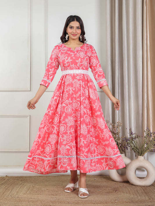 Soft Cotton Floral Anarkali Peach Dress