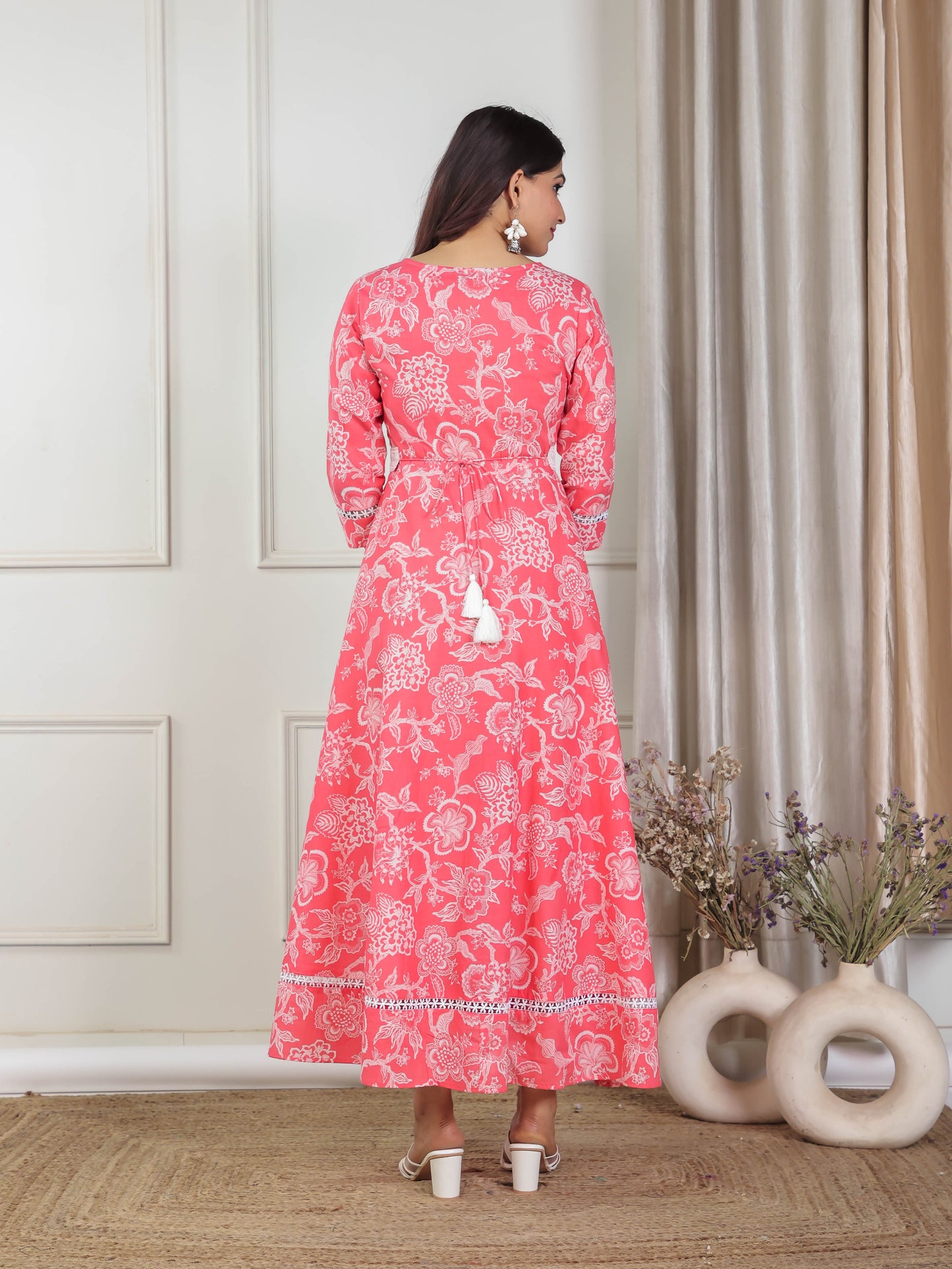 Soft Cotton Floral Anarkali Peach Dress
