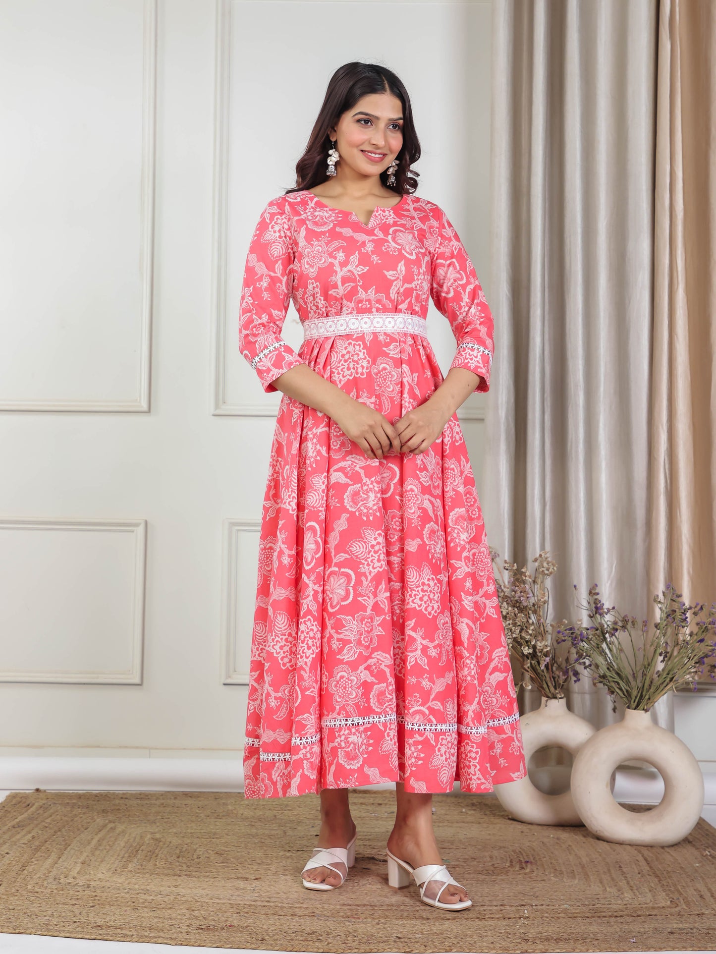 Soft Cotton Floral Anarkali Peach Dress