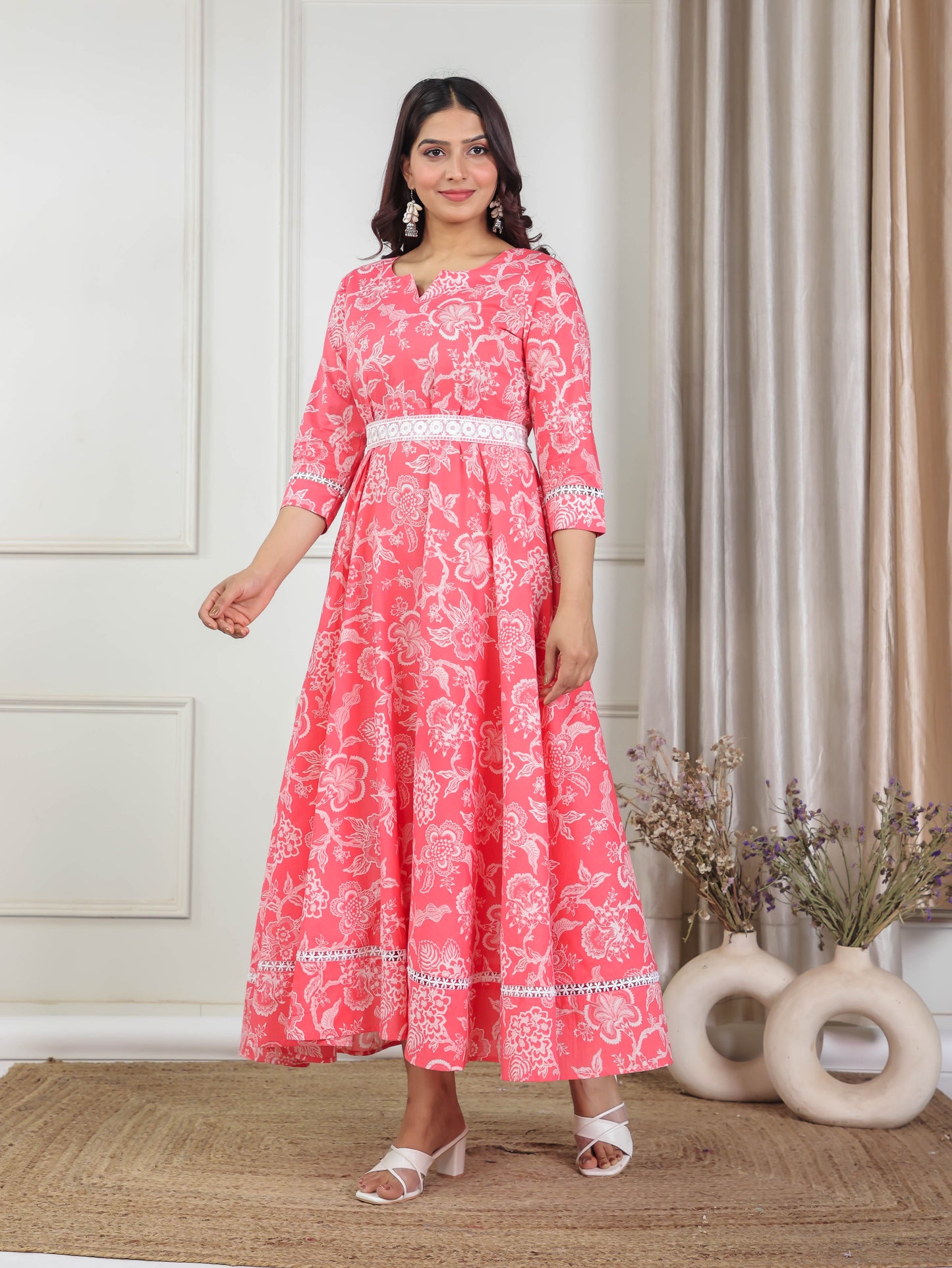 Soft Cotton Floral Anarkali Peach Dress