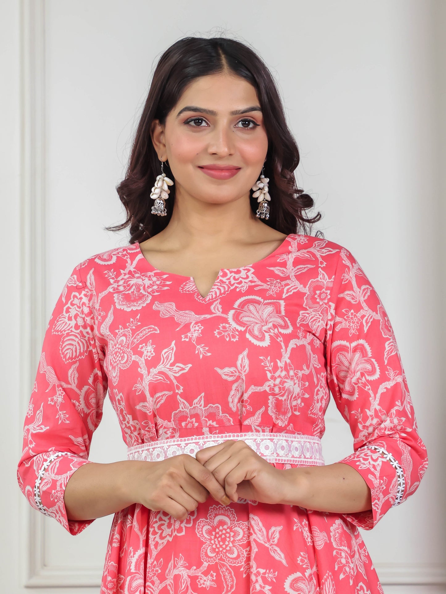 Soft Cotton Floral Anarkali Peach Dress
