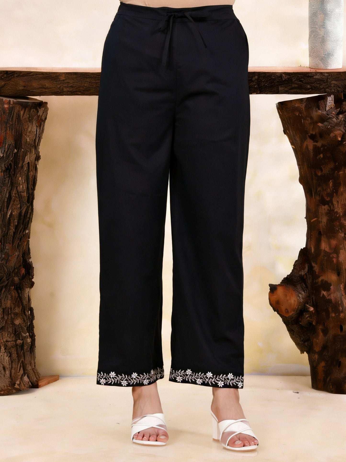 Embroidered Soft Cotton Solid Black Straight Trousers