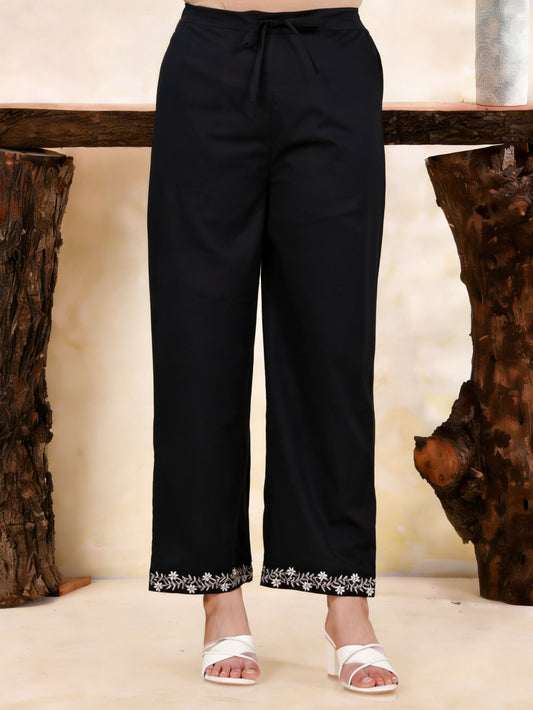 Embroidered Soft Cotton Solid Black Straight Trousers