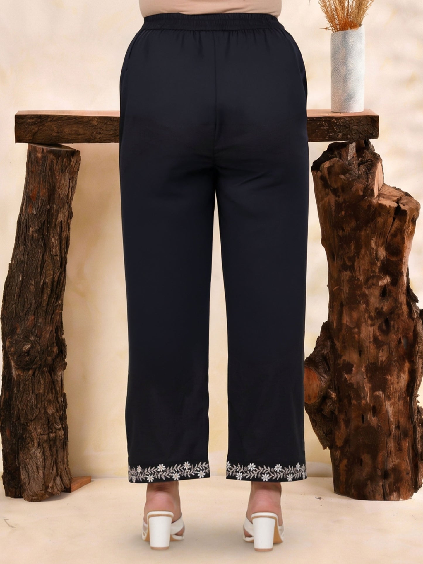 Embroidered Soft Cotton Solid Black Straight Trousers