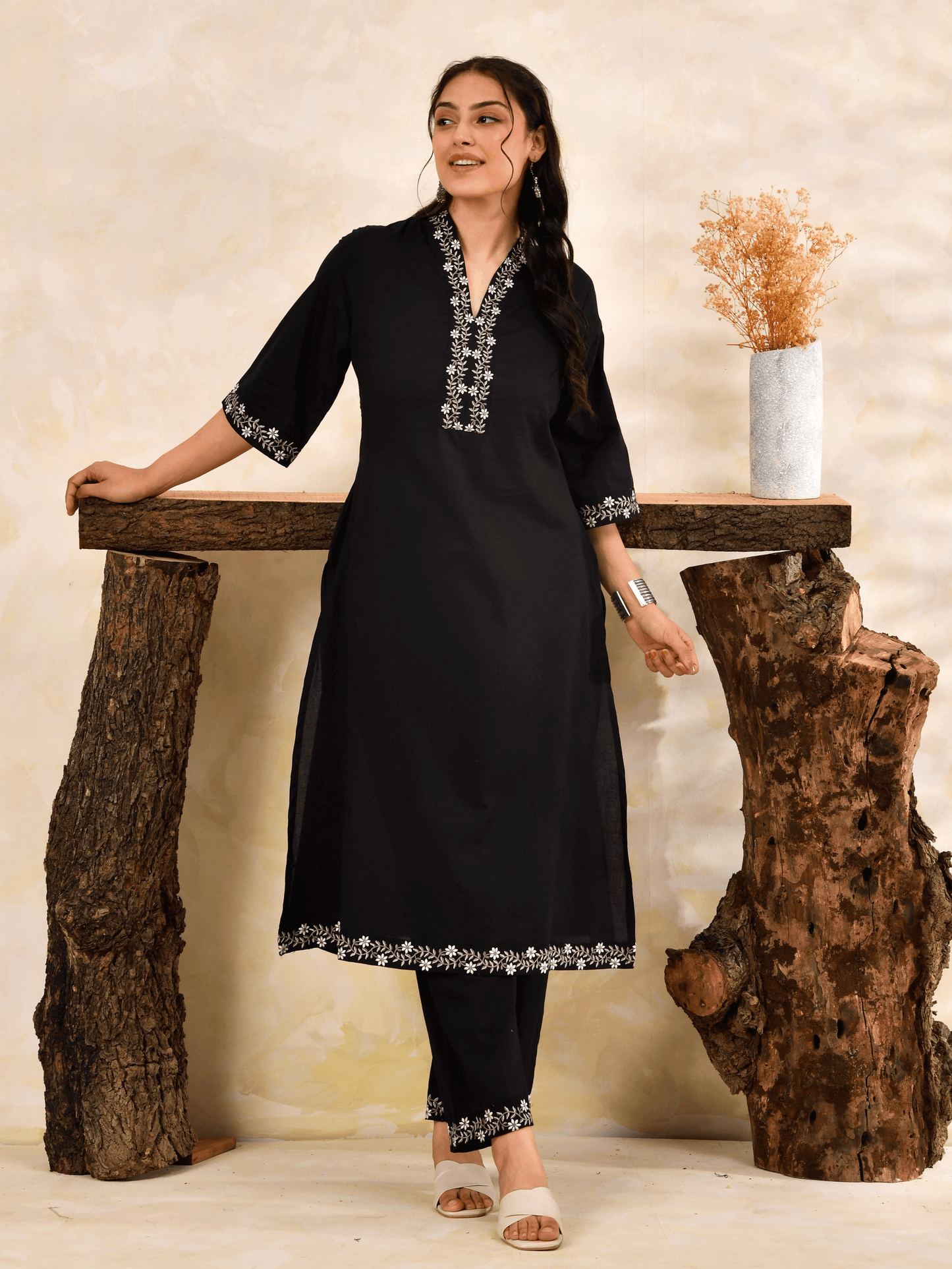 Embroidered Soft Cotton Solid A-line Black Kurta