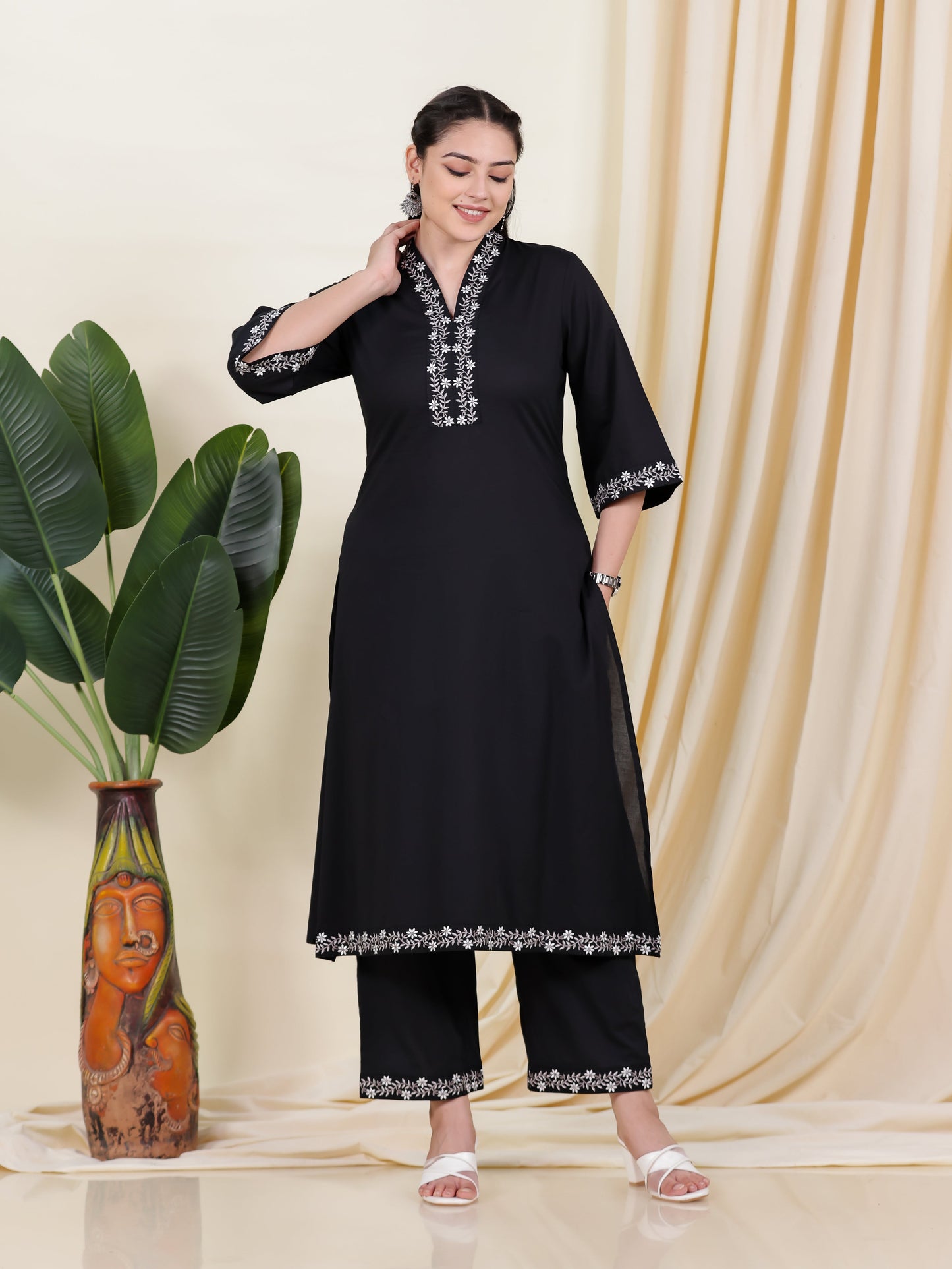 Embroidered Soft Cotton Solid A-line Black Kurta