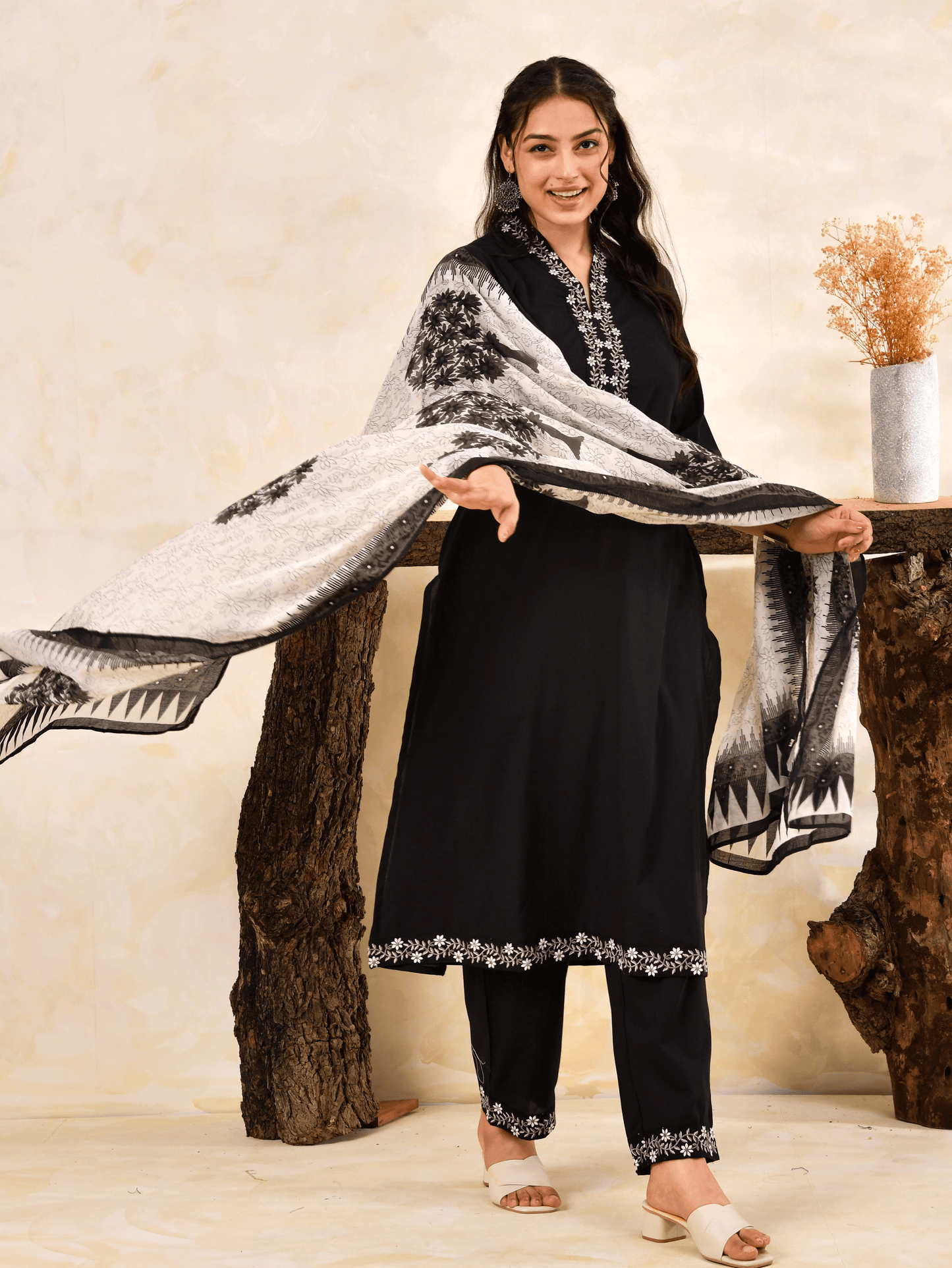 Embroidered Soft Cotton Solid A-line Black Kurta