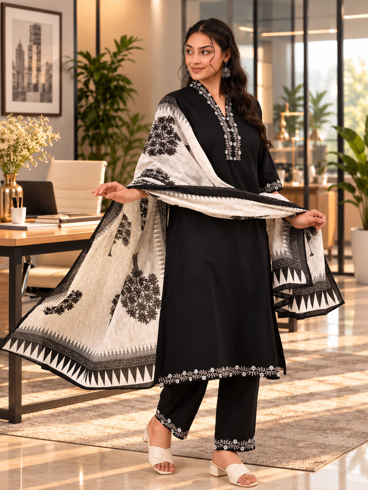 Embroidered Soft Cotton Solid A-line Black Kurta