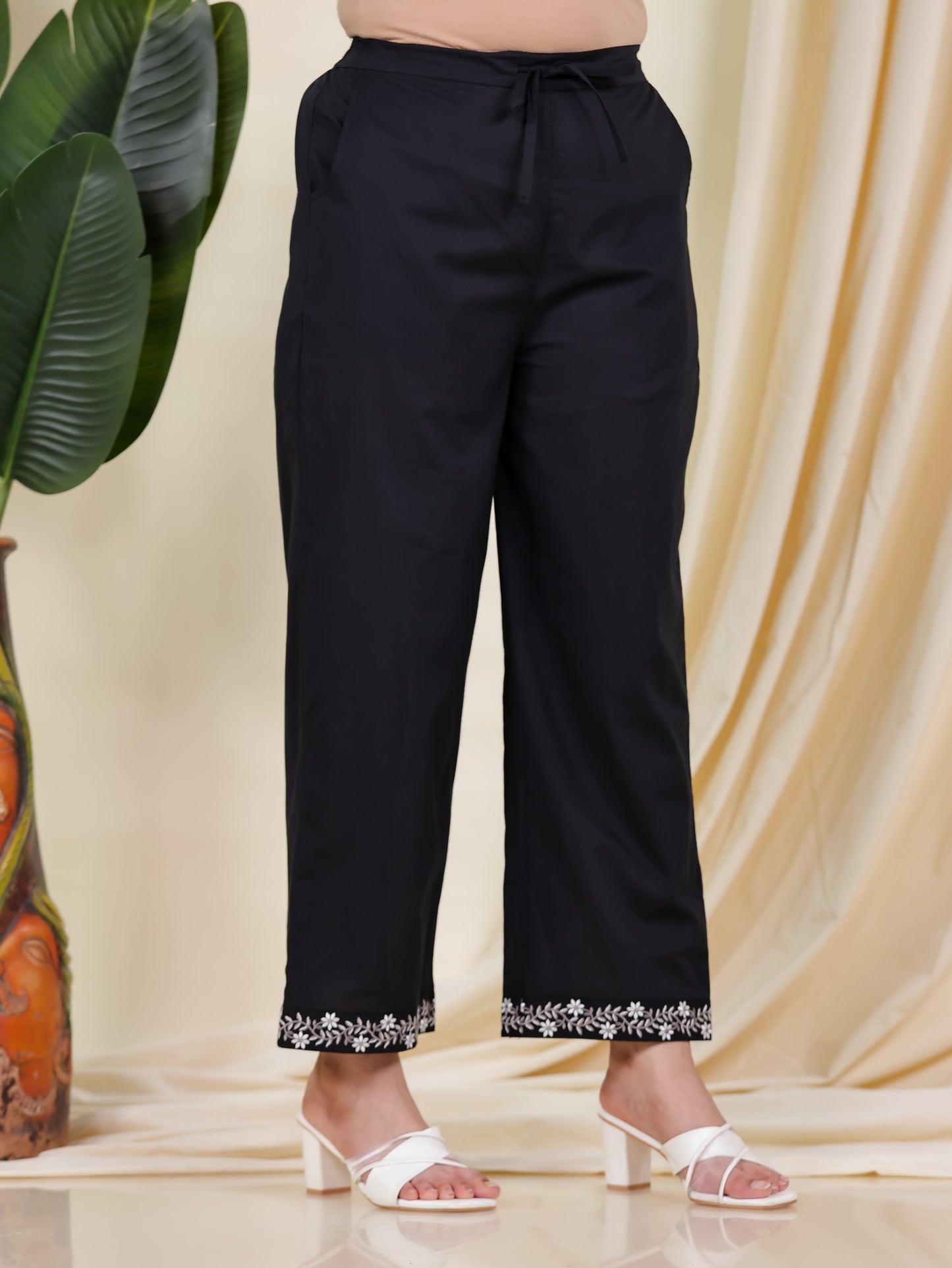 Embroidered Soft Cotton Solid A-line Black Kurta