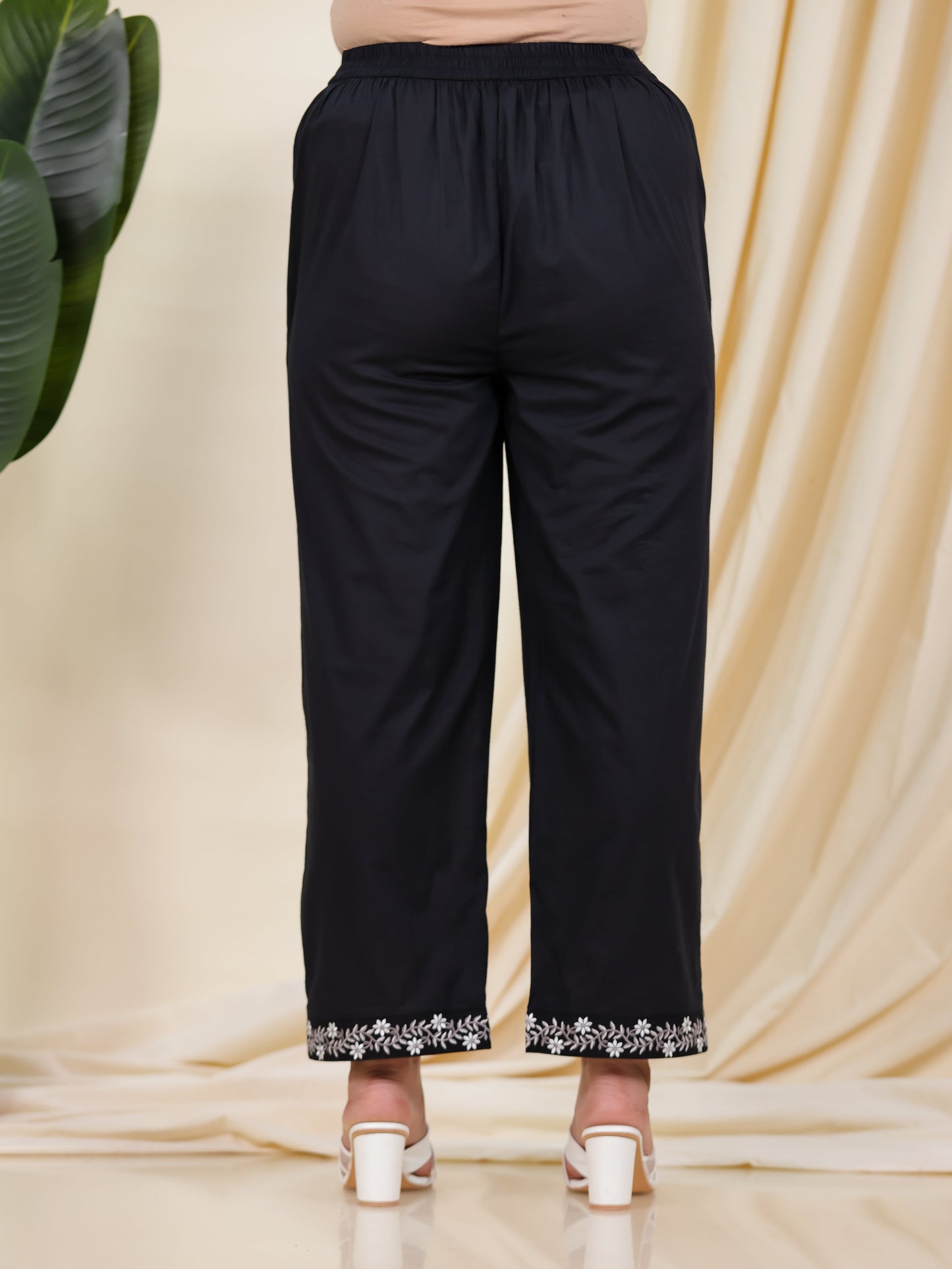Embroidered Soft Cotton Solid A-line Black Kurta