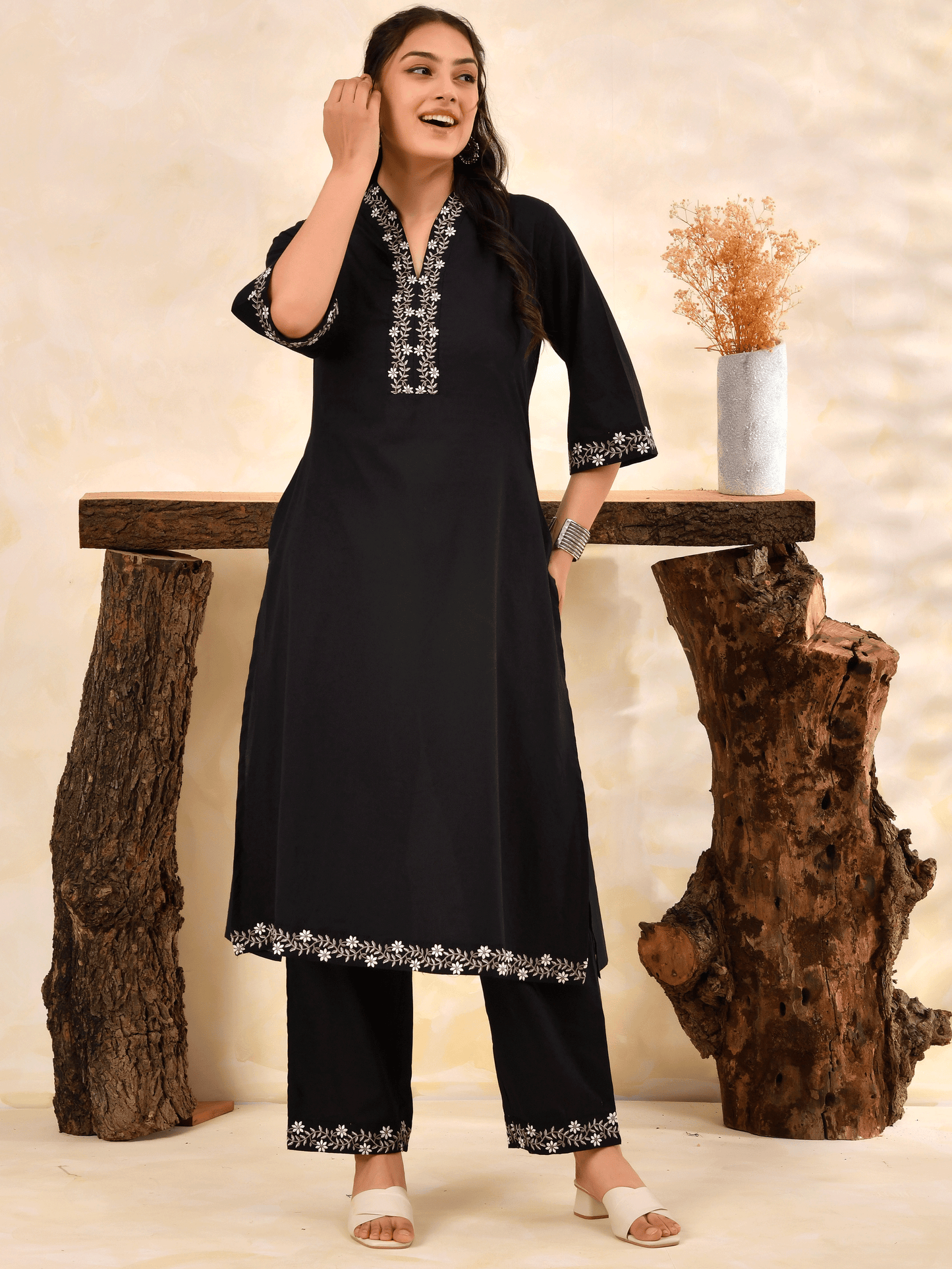 Embroidered Soft Cotton Solid A-line Black Kurta