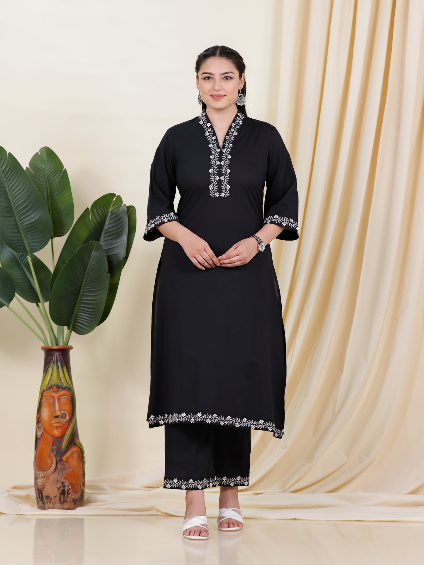Embroidered Soft Cotton Solid A-line Black Kurta