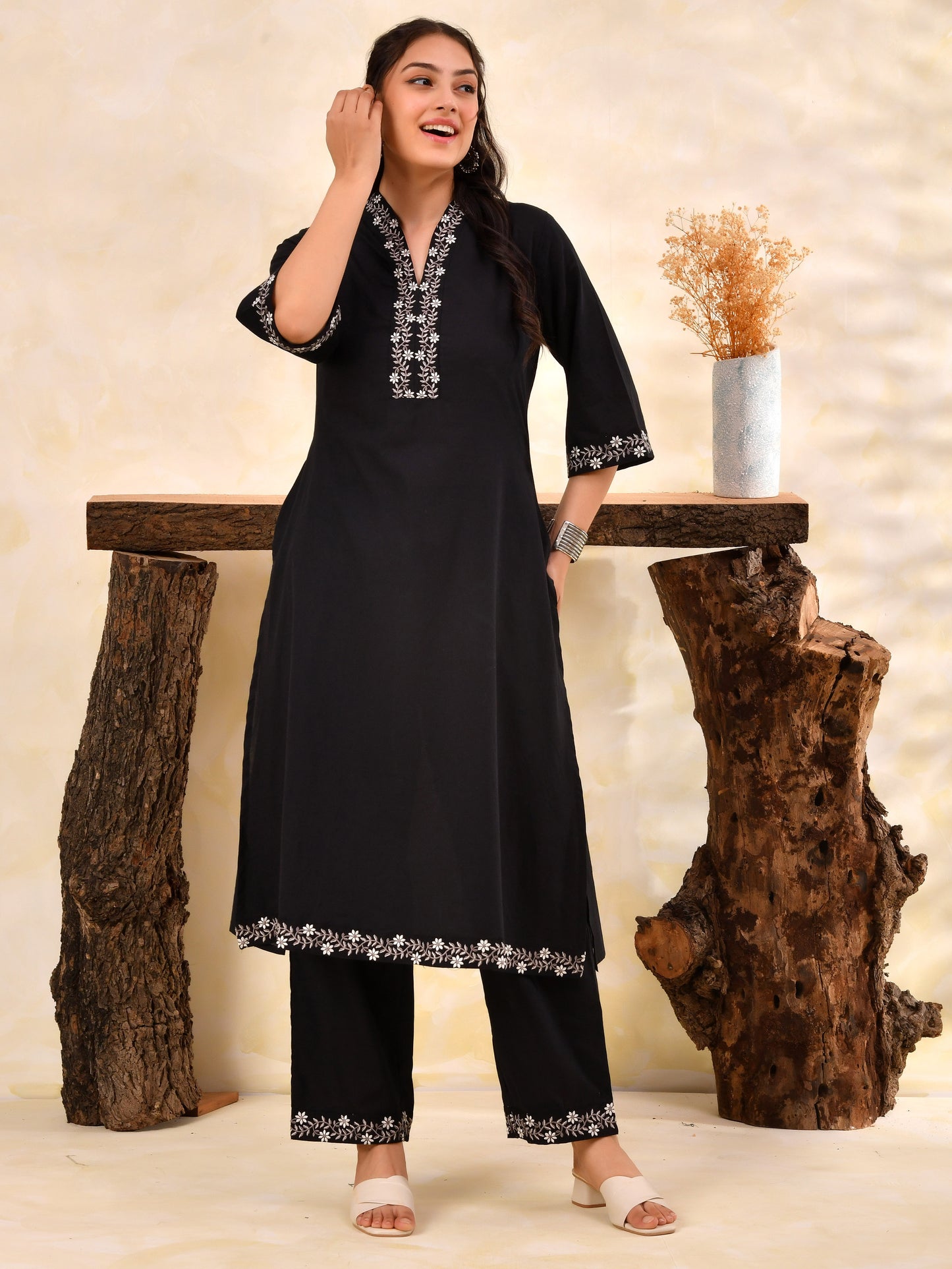 Embroidered Soft Cotton Solid A-line Black Kurta