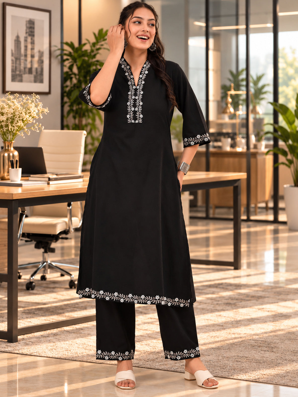 Embroidered Soft Cotton Solid A-line Black Kurta