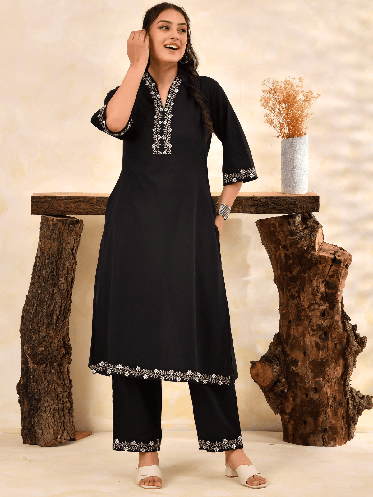 Embroidered Soft Cotton Solid A-line Black Kurta