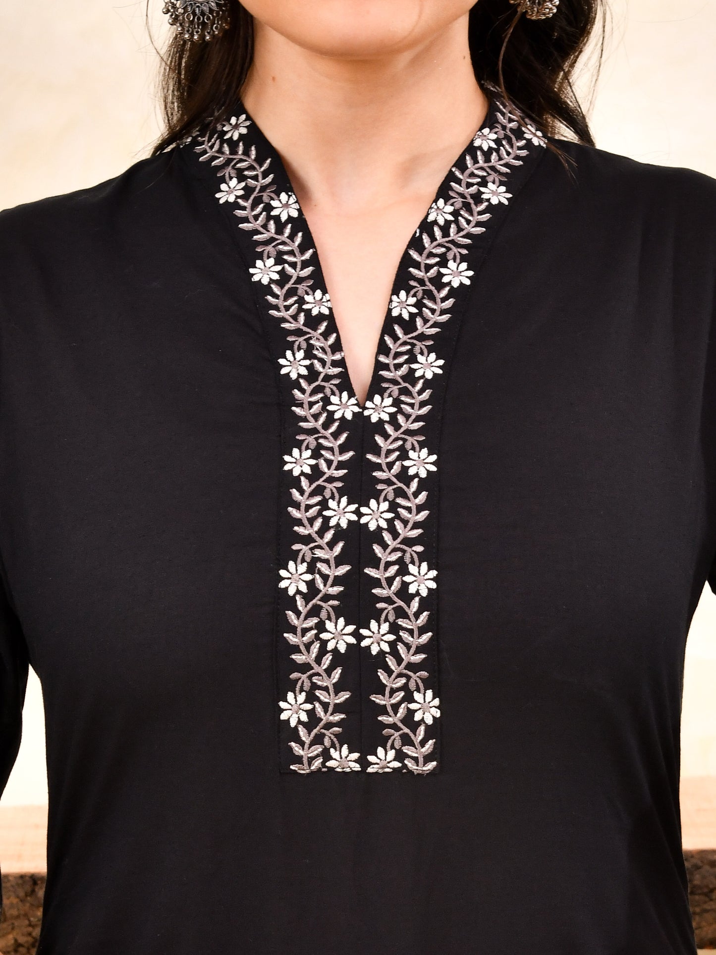 Embroidered Soft Cotton Solid A-line Black Kurta