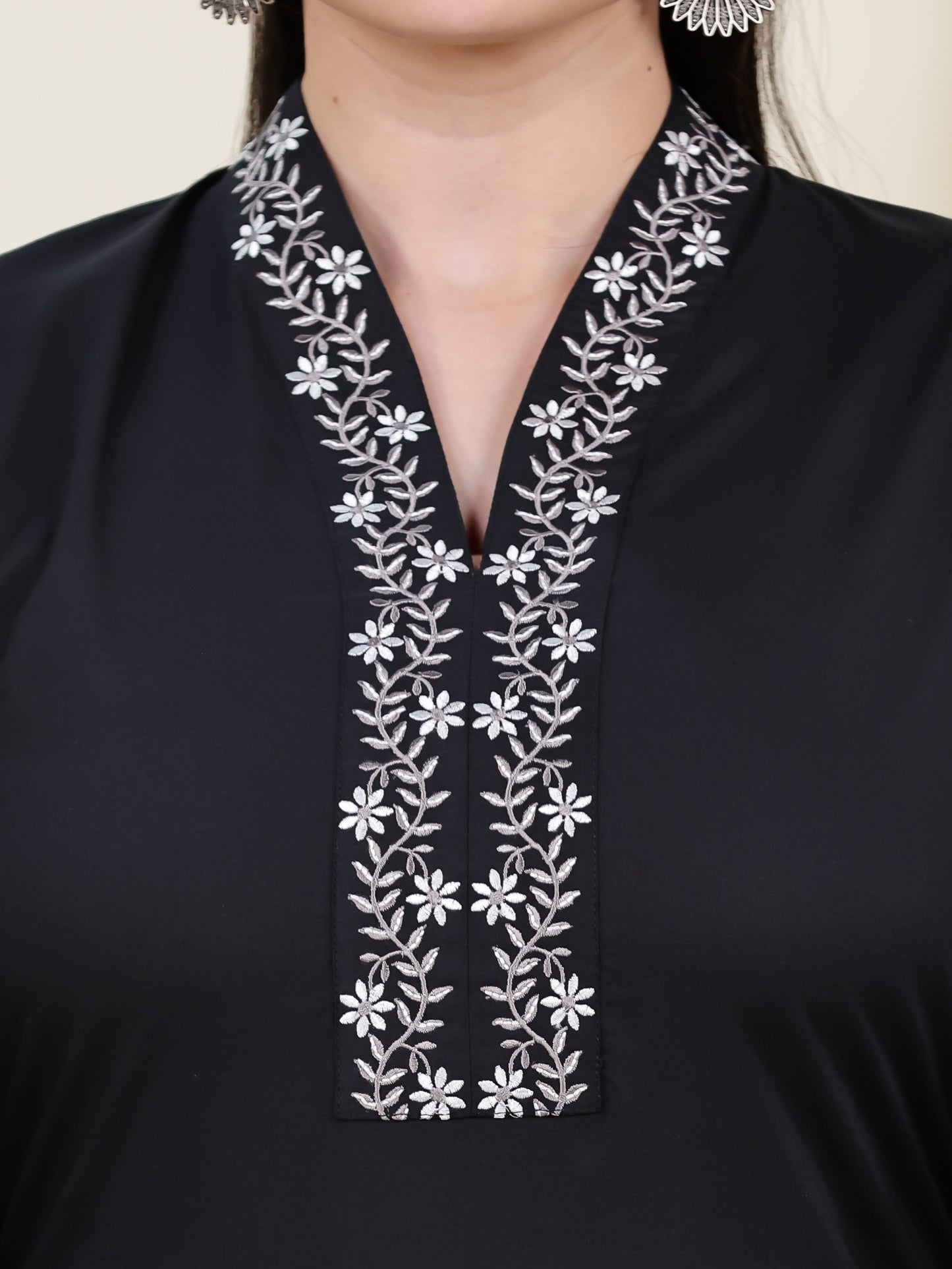 Embroidered Soft Cotton Solid A-line Black Kurta