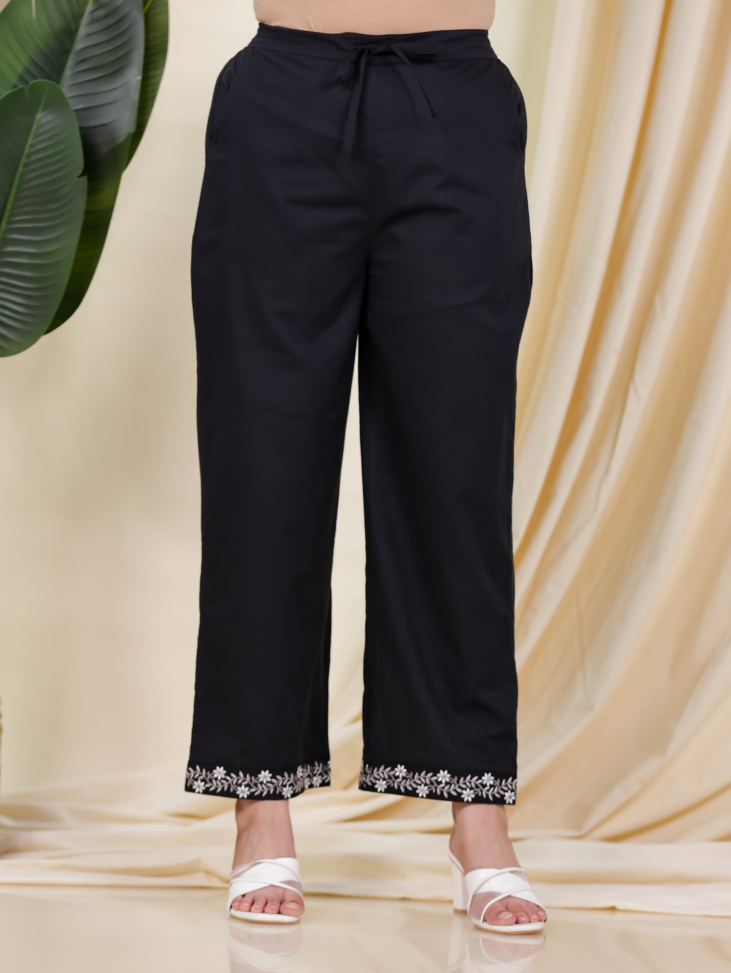 Embroidered Soft Cotton Solid A-line Black Kurta