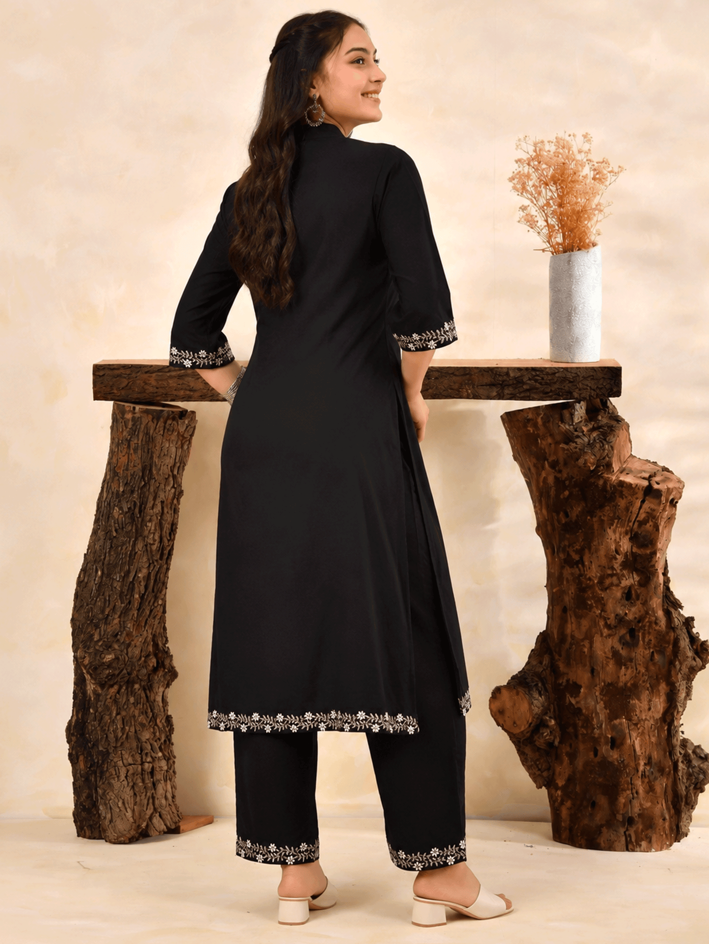 Embroidered Soft Cotton Solid A-line Black Kurta