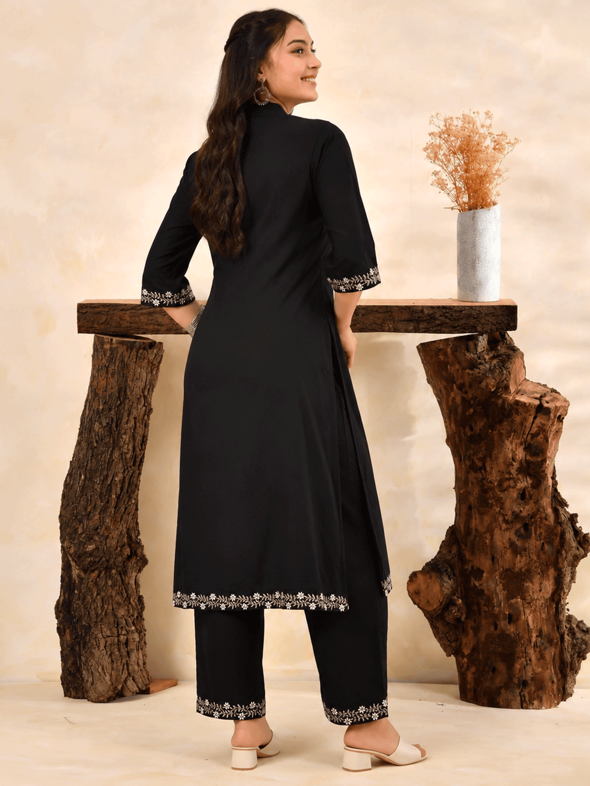 Embroidered Soft Cotton Solid A-line Black Kurta