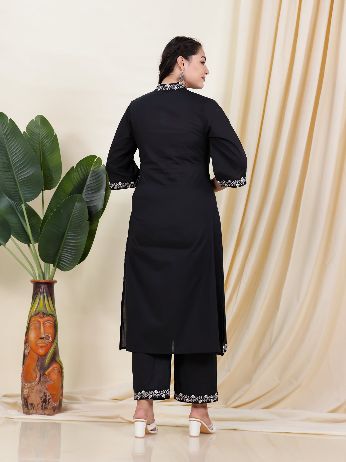 Embroidered Soft Cotton Solid A-line Black Kurta