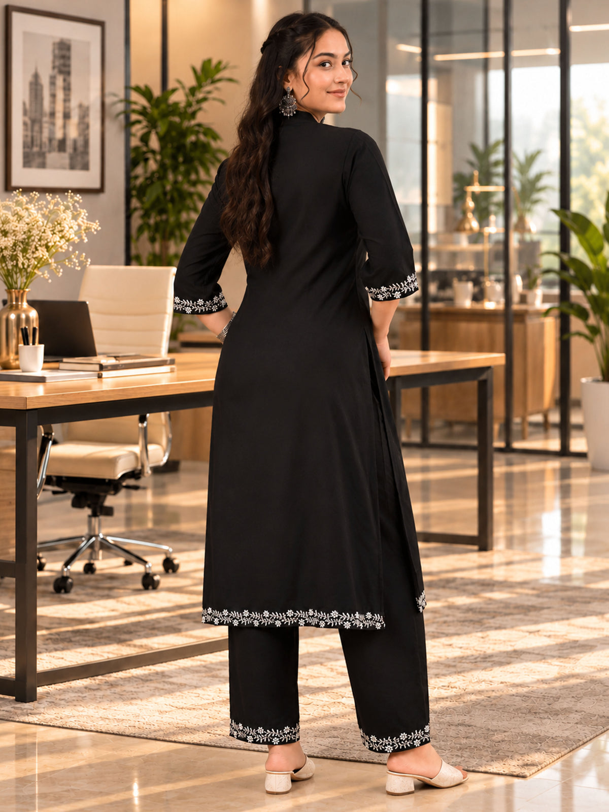 Embroidered Soft Cotton Solid A-line Black Kurta