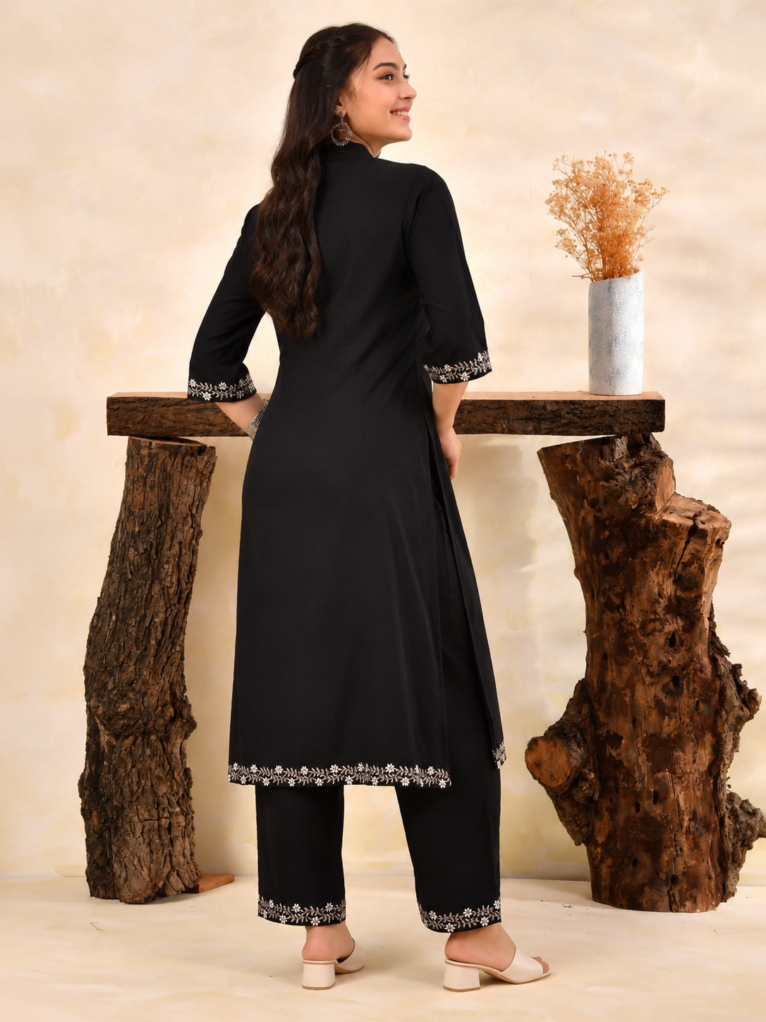 Embroidered Soft Cotton Solid A-line Black Kurta