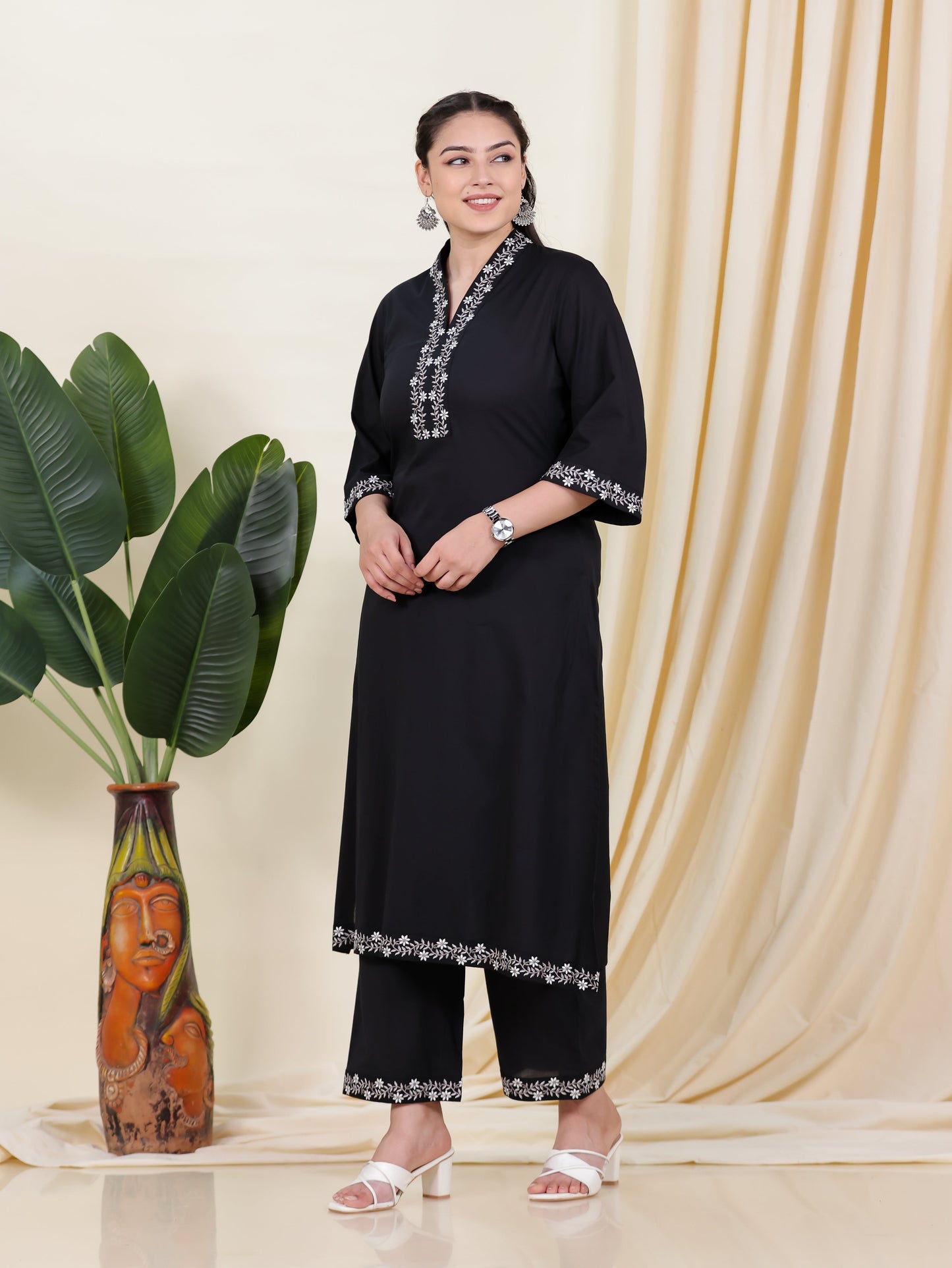 Embroidered Soft Cotton Solid A-line Black Kurta