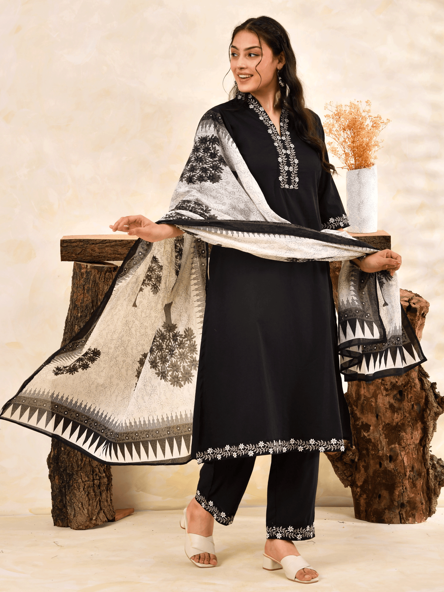 Embroidered Soft Cotton Solid A-line Black Kurta