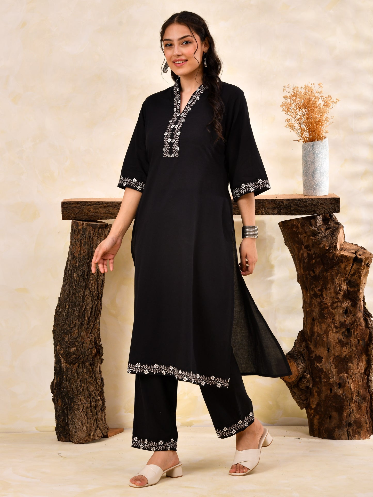 Embroidered Soft Cotton Solid A-line Black Kurta