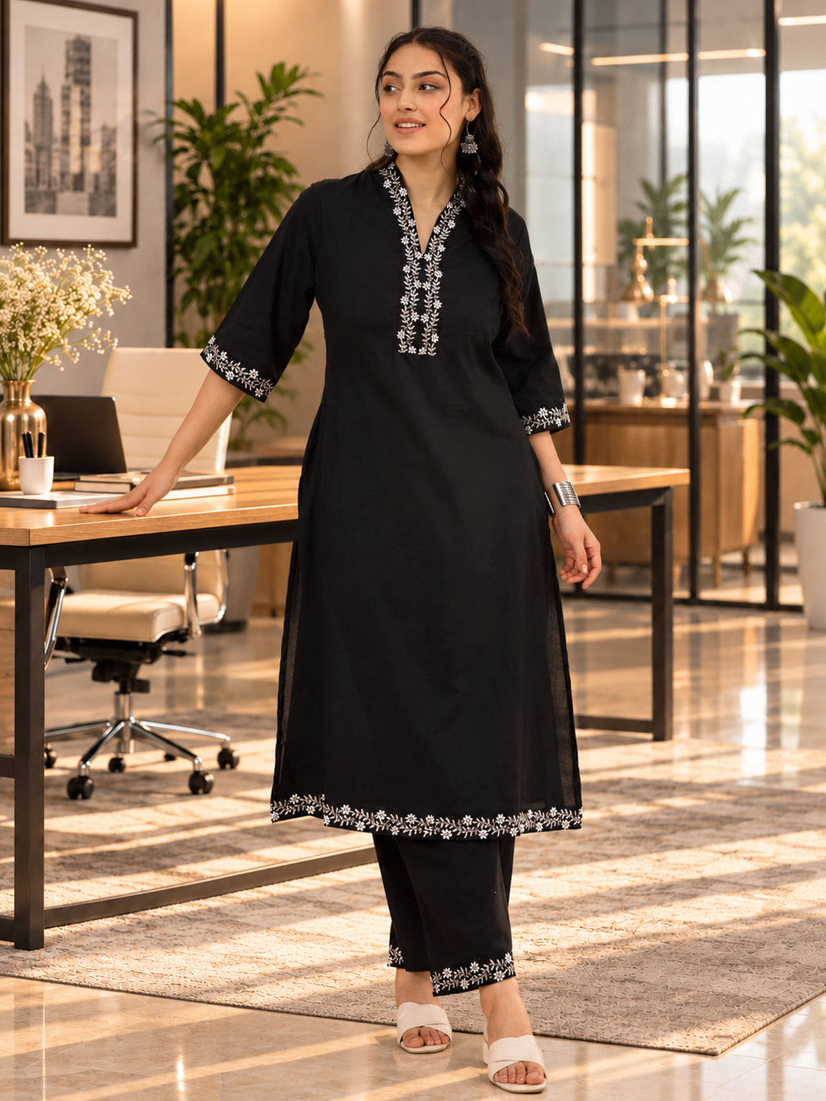Embroidered Soft Cotton Solid A-line Black Kurta