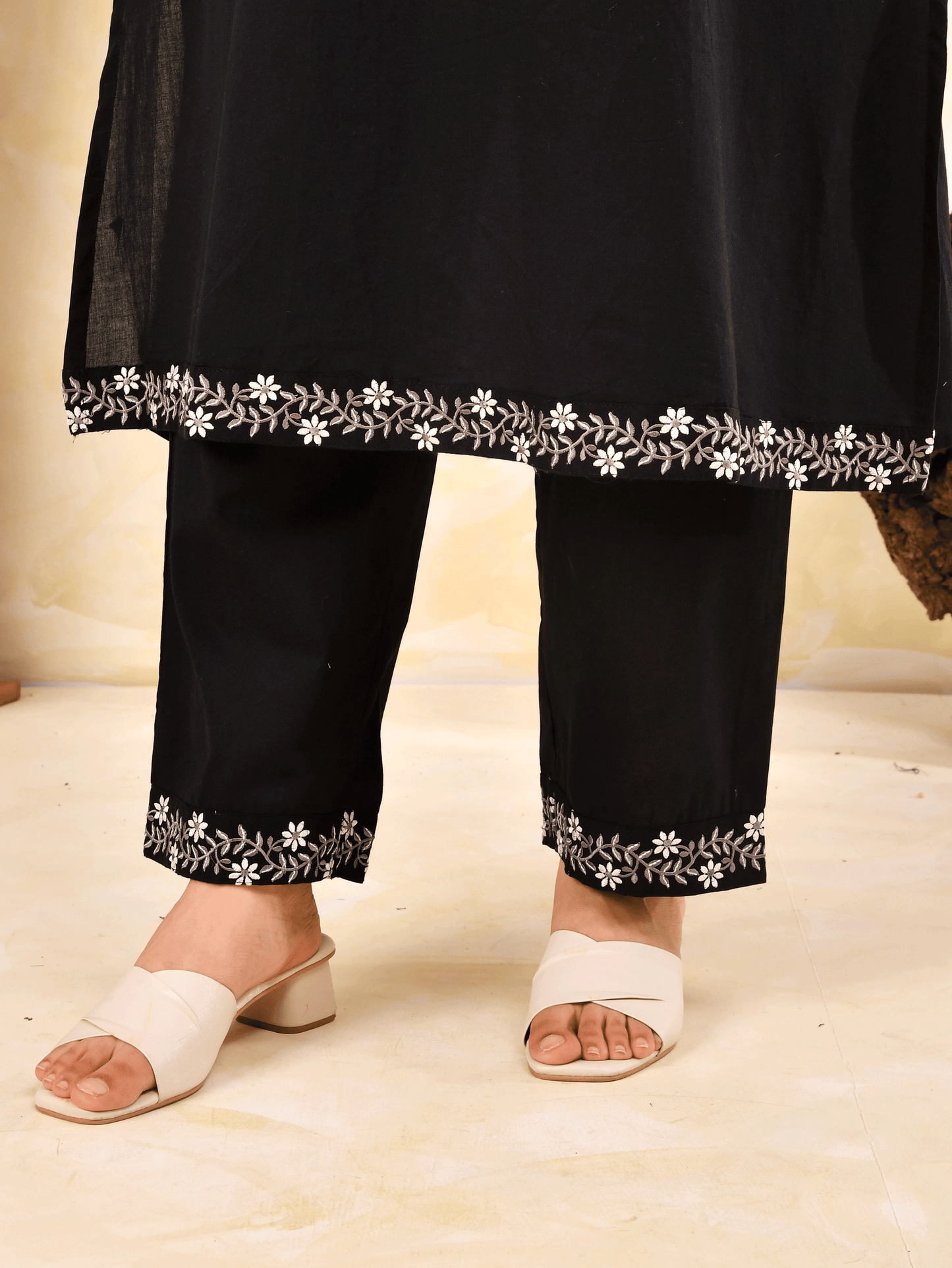 Embroidered Soft Cotton Solid A-line Black Kurta