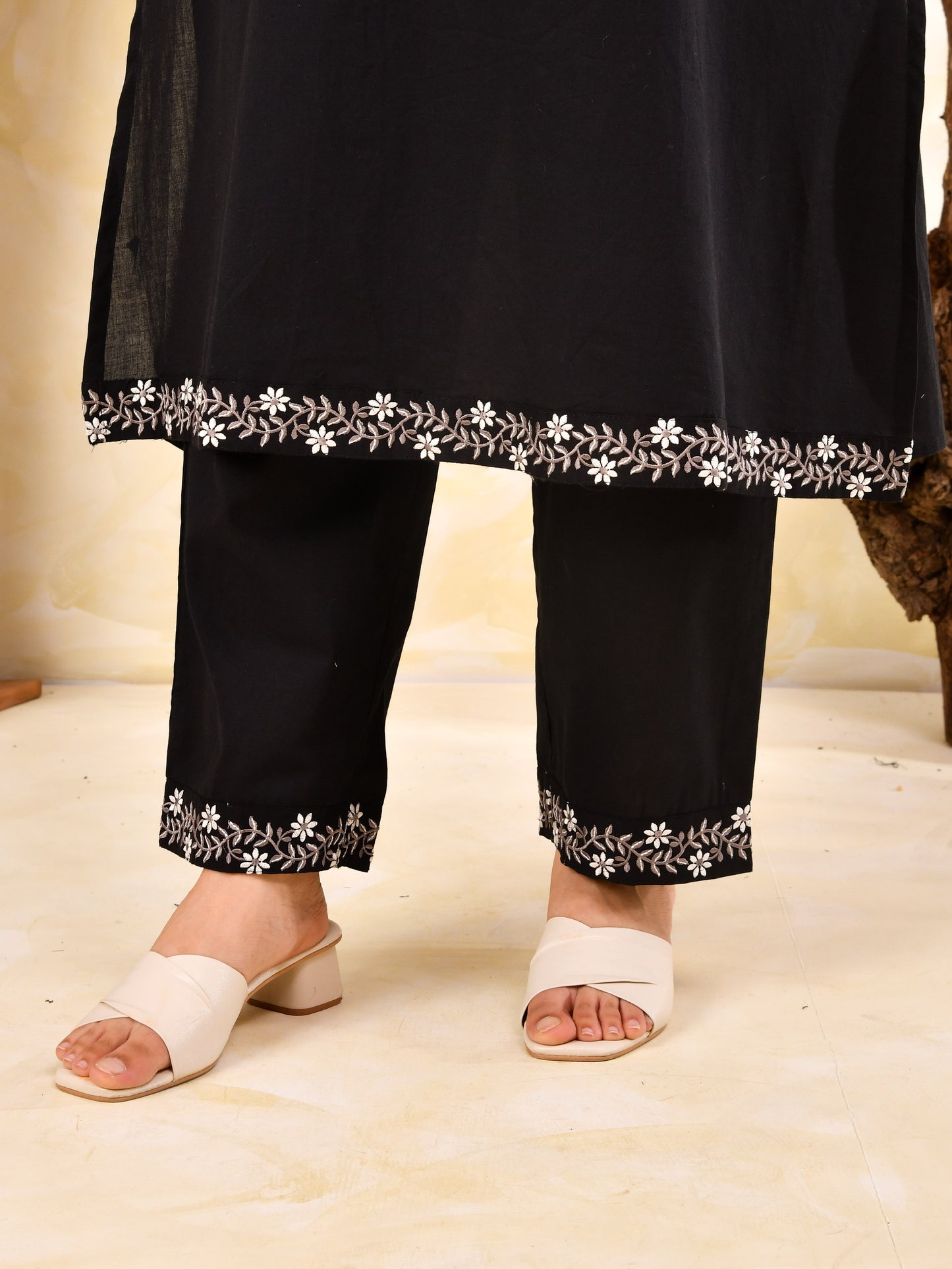 Embroidered Soft Cotton Solid A-line Black Kurta
